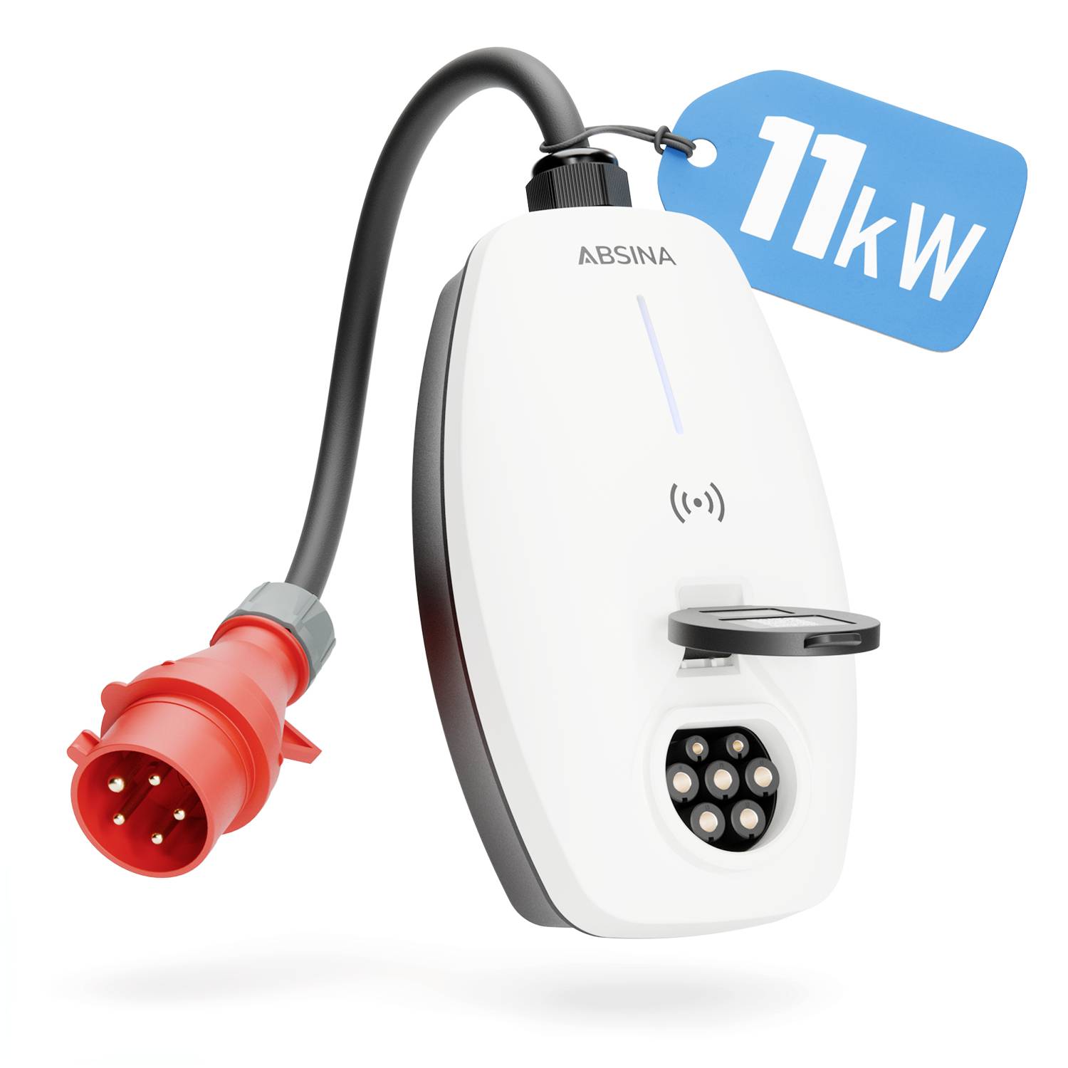 Ladestation mit rotem Stecker, '11 kW' auf blauem Anhänger.