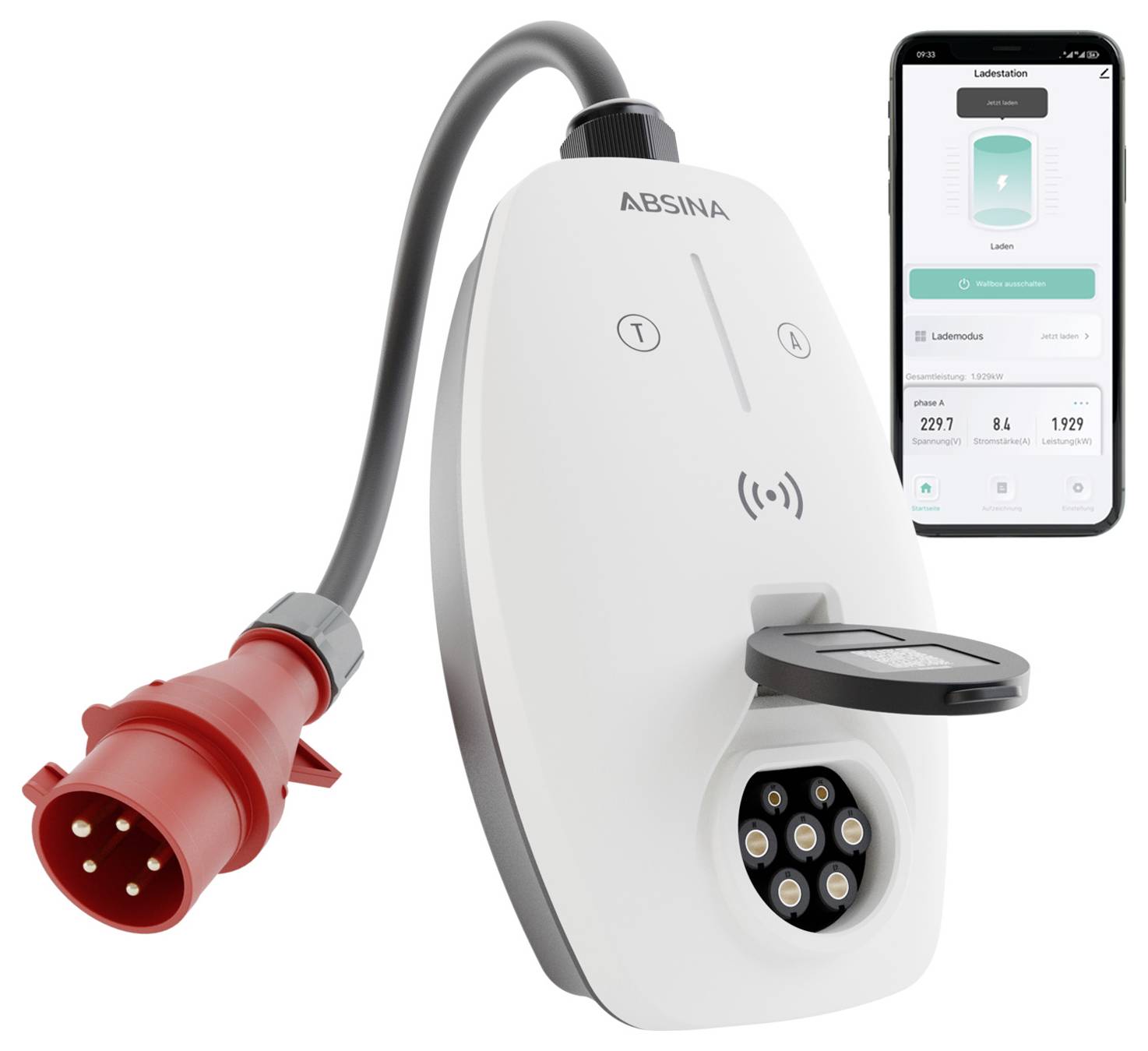 ABSINA tragbares Elektrofahrzeug-Ladegerät mit rotem Industriestecker, Wandgerät, Ladestecker und Smartphone-App-Display mit Ladestatus.