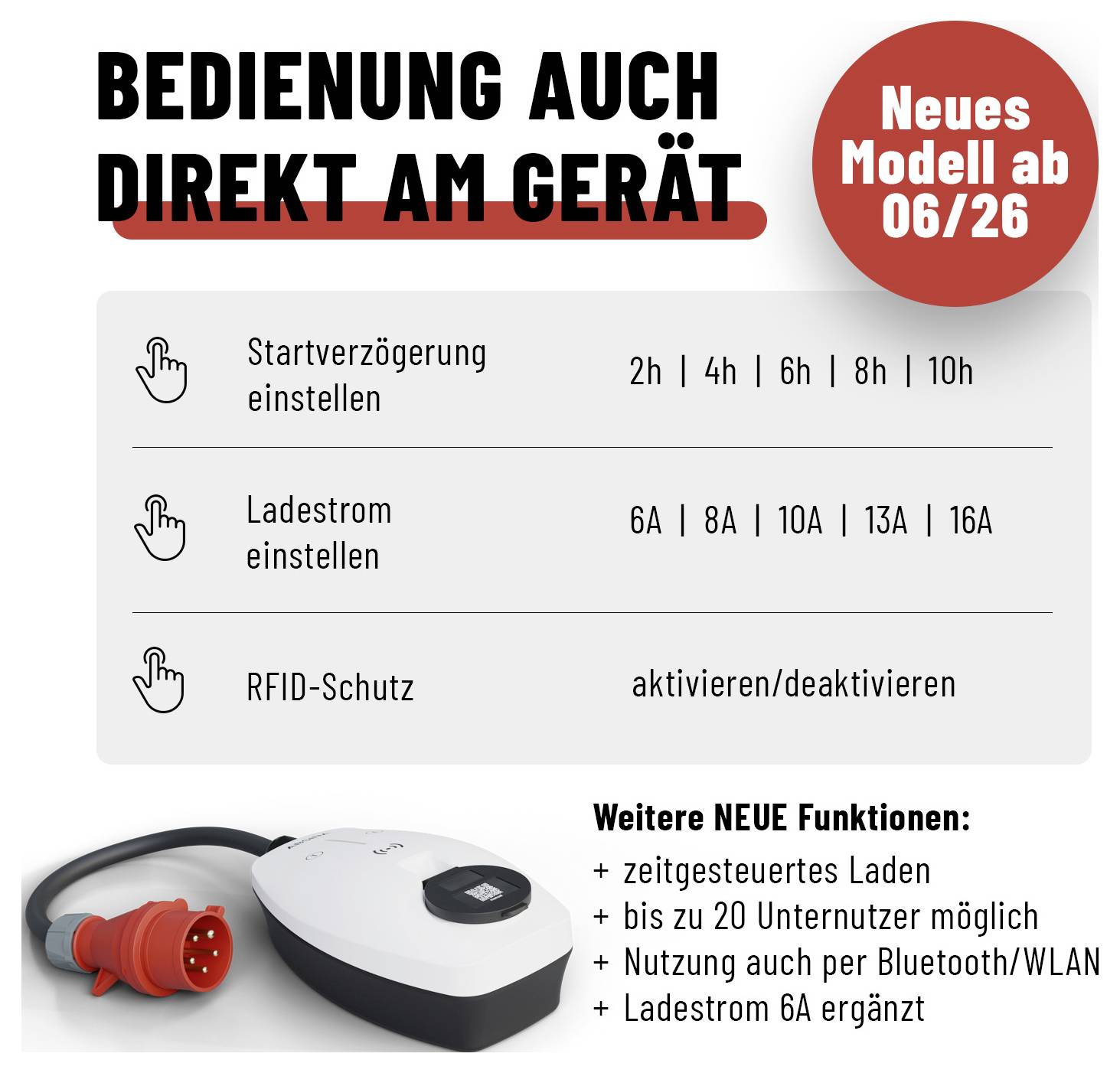 Werbegrafik für eine Ladegerät-Steuerung mit den Funktionen Startverzögerung 2h bis 10h, Ladestrom 6A bis 16A und RFID-Schutz; Hinweis 'Neues Modell ab 06/26' und weitere neue Funktionen.