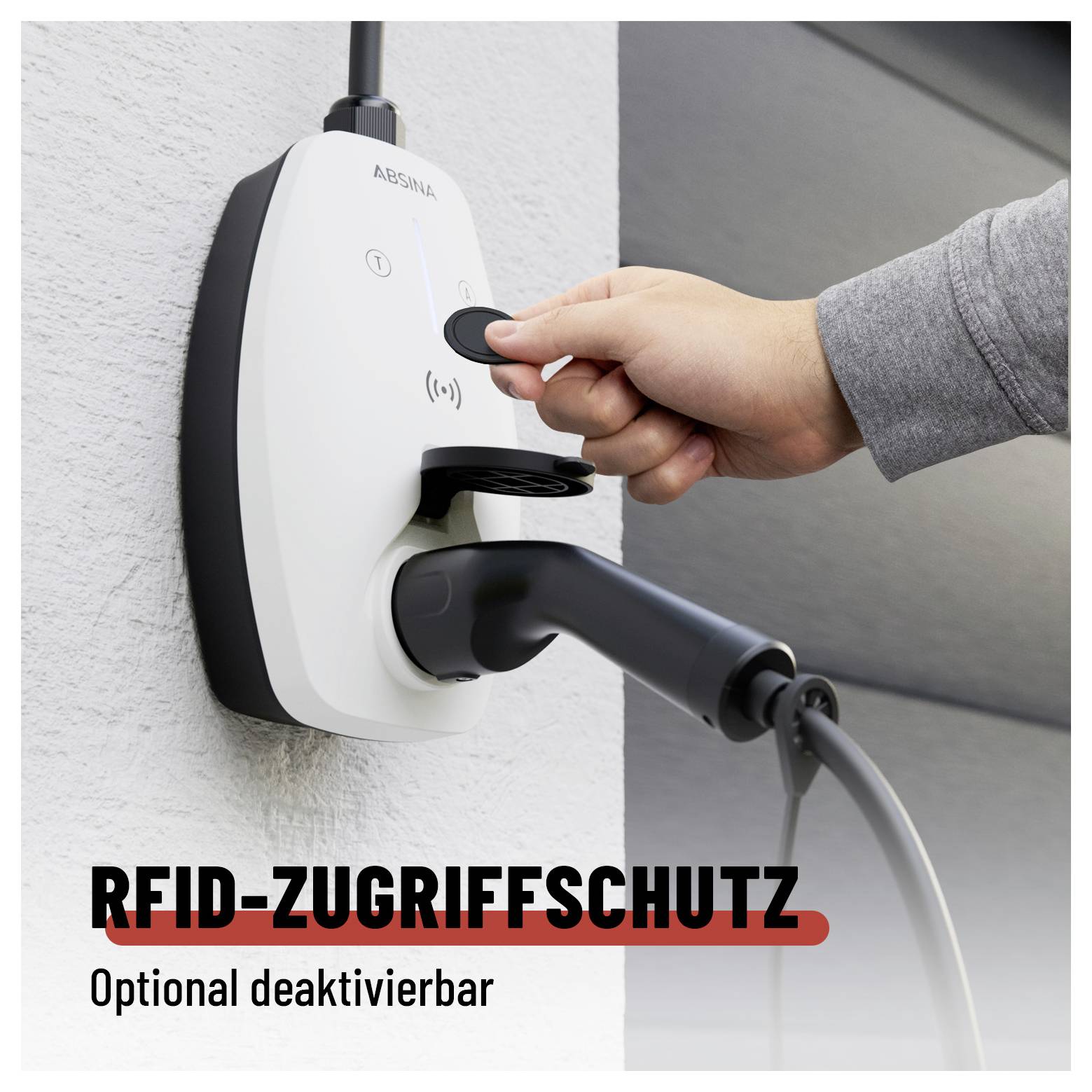 Hand entriegelt eine Wallbox mit RFID-Karte; Text: 'RFID-ZUGRIFFSSCHUTZ' und 'Optional deaktivierbar'.