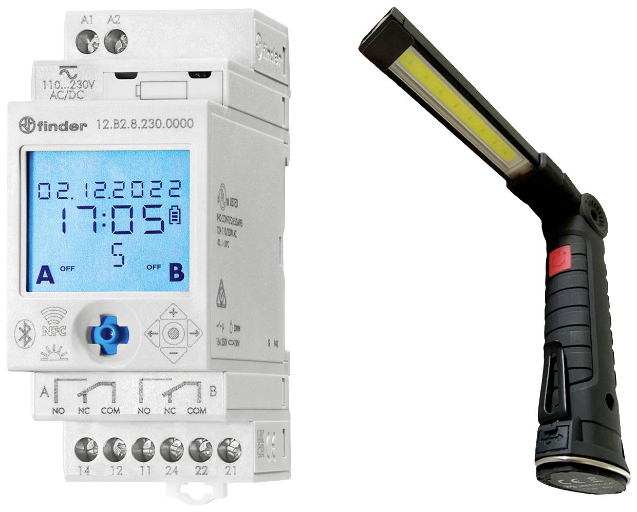 Finder 12.B2.8.230.0000+Baustrahler Zeitschaltuhr für Hutschiene Astronomisch, Zufallsschaltung, Ja