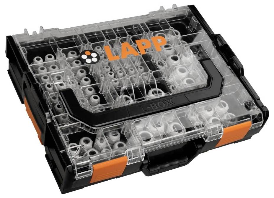 Transparente LAPP-Kabelverbinder-Sortimentsbox mit mehreren Fächern mit Anschlüssen und Klemmen in schwarzem und orangefarbigem Gehäuse.