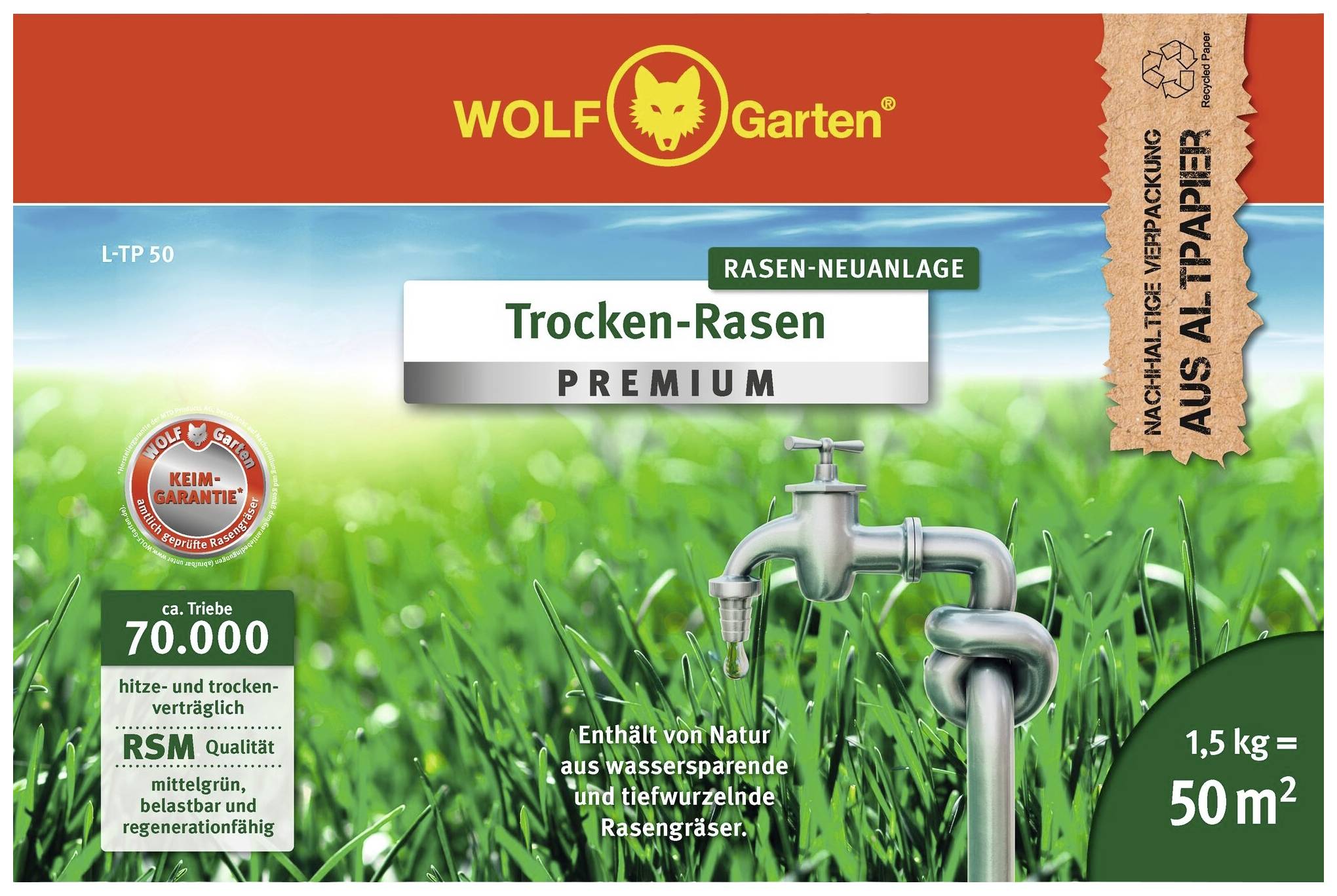 Verpackung eines Trocken-Rasens von WOLF-Garten, geeignet für 50 m². Enthält Wasser- und tiefwurzelsparende Rasenpflege.
