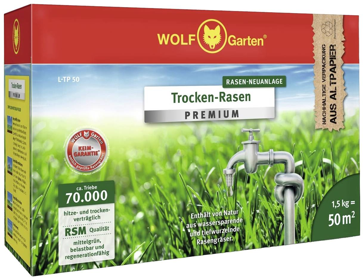 Packung mit Premium-Trocken-Rasen von WOLF-Garten, geeignet für bis zu 50 m². Enthält wasser- und tiefluftverträgliche Rasengräser.