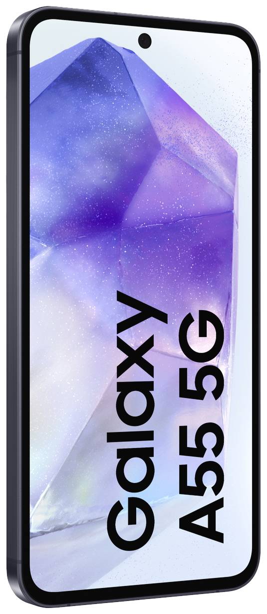 Ein Smartphone mit dunkelblauem Gehäuse. Auf dem Bildschirm ist eine kristallartige Grafik mit dem Text 'Galaxy A55 5G'.