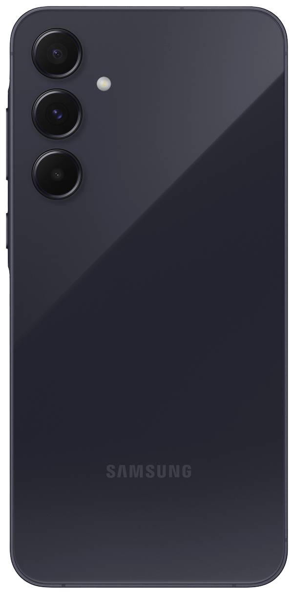 Die Rückseite eines schwarzen Smartphones mit drei Kameralinsen und einem Blitz oben links, darunter das Samsung-Logo.