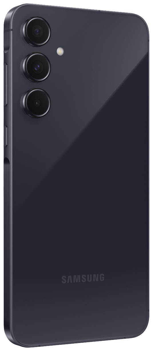 Schwarzes Smartphone mit drei Kameralinsen auf der Rückseite. Das Design ist schlank und modern. Es ist von einer bekannten Marke.
