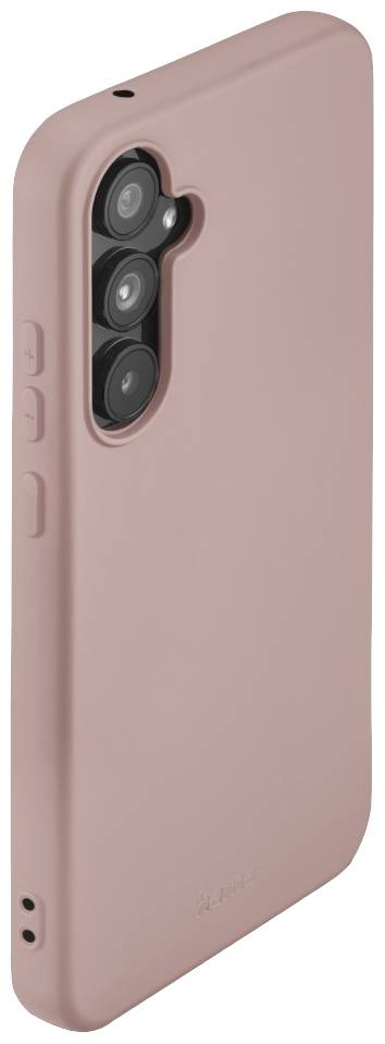 Rosa Handyhülle mit Öffnungen für drei Kameralinsen, Seitenansicht.