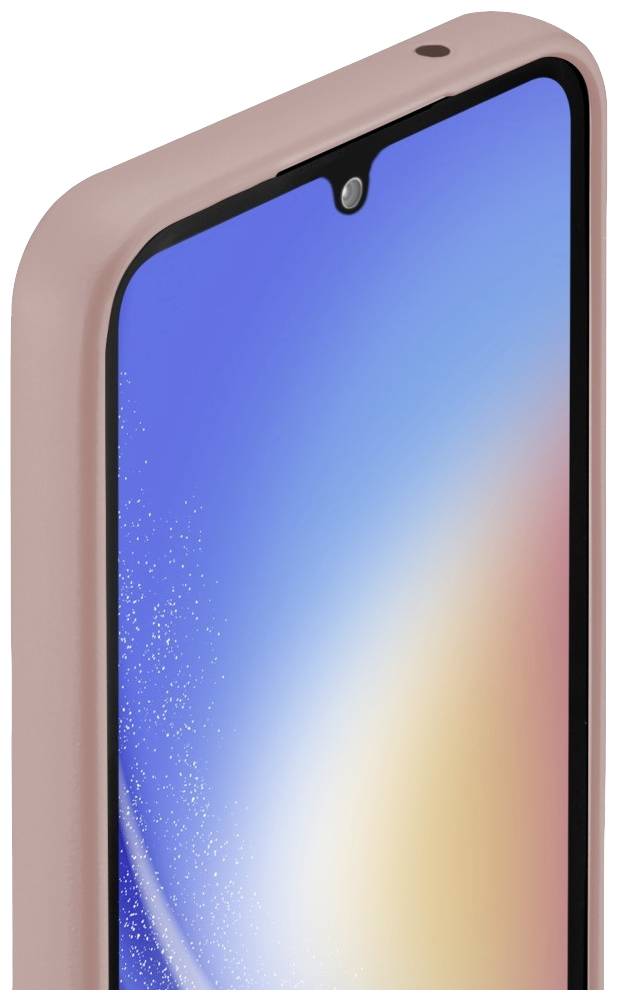 Ein Smartphone mit rosafarbener Hülle, leicht schräg von der Seite fotografiert. Der Bildschirm zeigt einen blauen und orangefarbenen Verlauf.