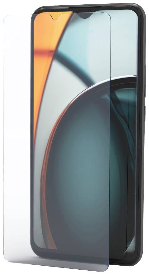 Smartphone mit modernem Design, darauf ein transparentes Schutzglas. Bildschirm zeigt ein abstraktes Muster in Blau-Orange-Tönen.
