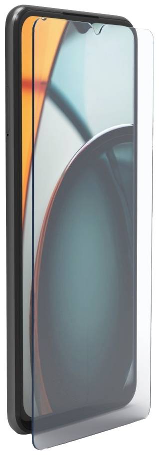 Ein Smartphone mit einem aufgesetzten Displayschutz. Der Bildschirm zeigt abstrakte, farbenfrohe Formen.