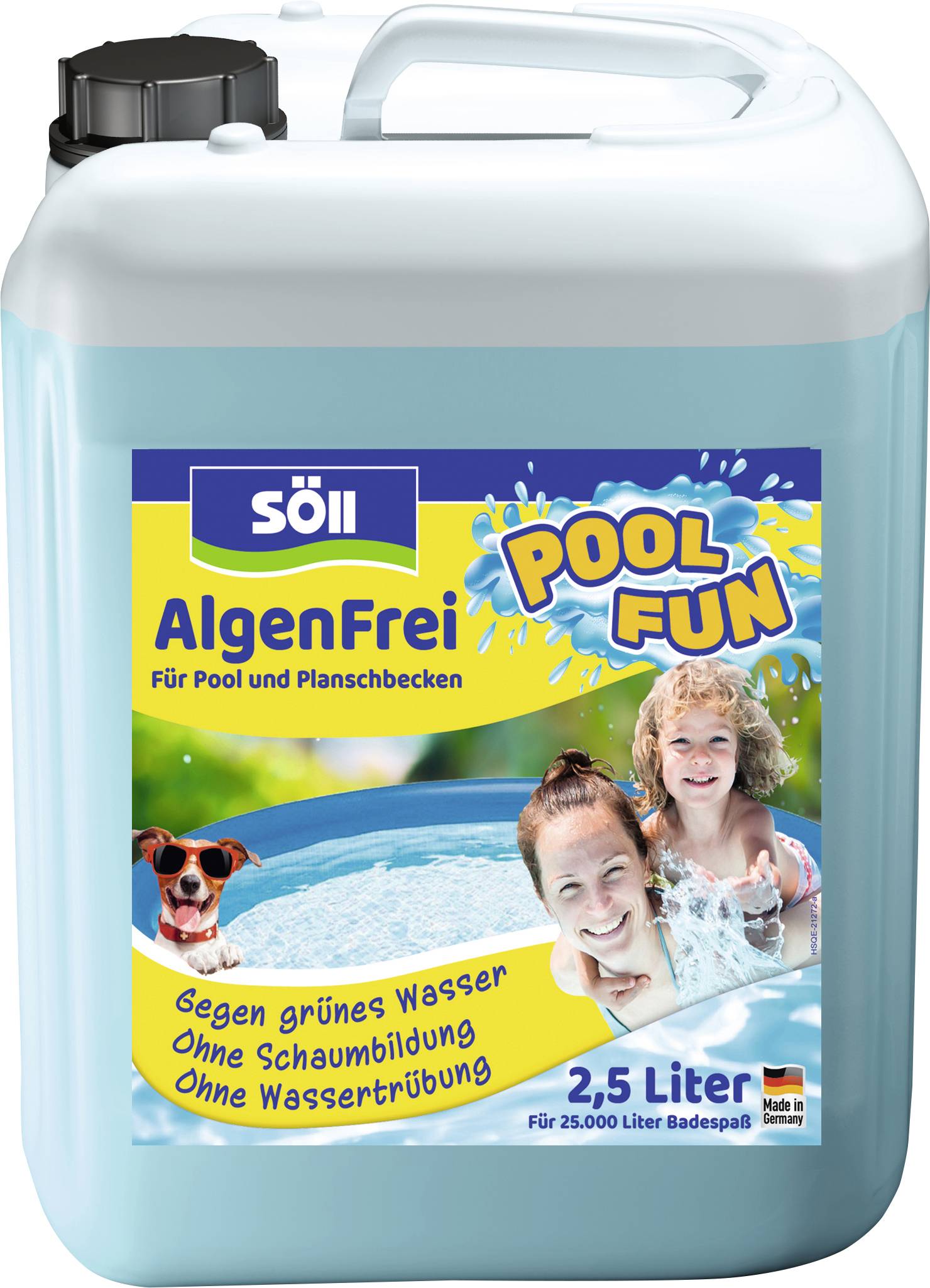 Ein Plastikbehälter mit 'Söll AlgenFrei Pool Fun' für Schwimmbäder, mit Abbildungen einer Frau und eines Kindes im Pool. 2,5 Liter Füllmenge.