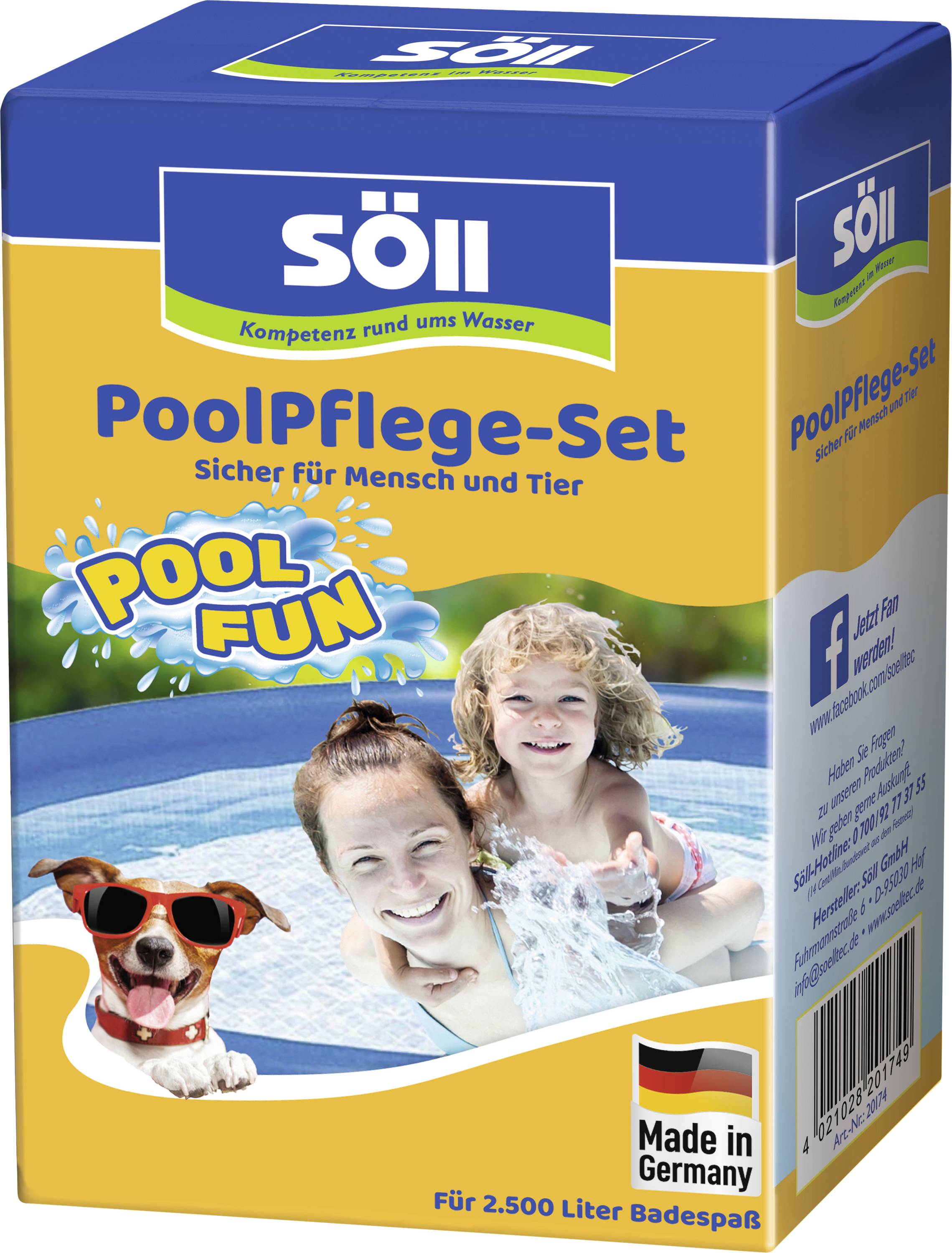 'PoolPflege-Set' Verpackung zeigt eine fröhliche Frau und ein Kind im Pool, mit einem Hund, der eine Sonnenbrille trägt. Text: 'Sicher für Mensch und Tier', 'Pool Spaß'.