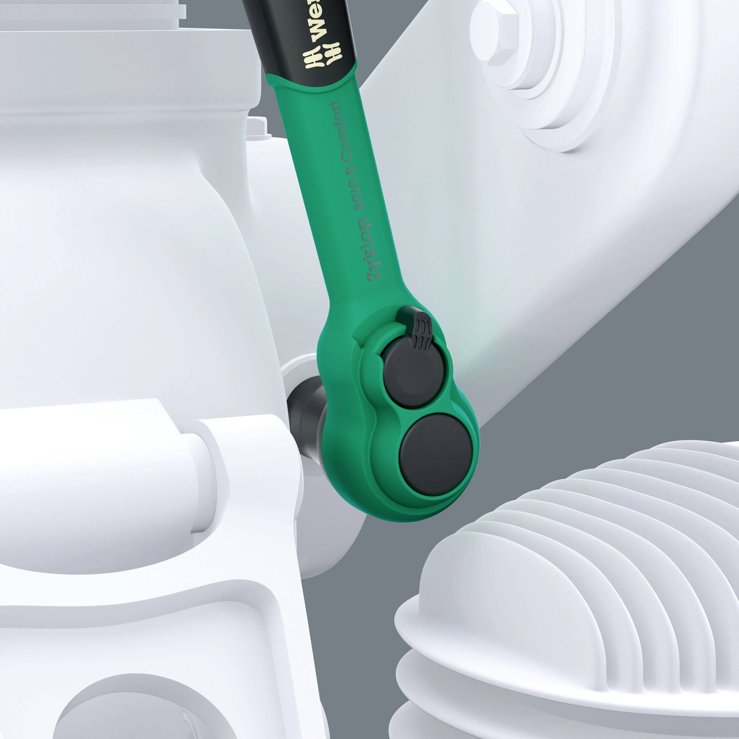 Grüner Werkzeugsensor am Maschinenarm in einer industriellen Umgebung, fokussiert auf Präzisionsarbeit und Innovation in Technik.