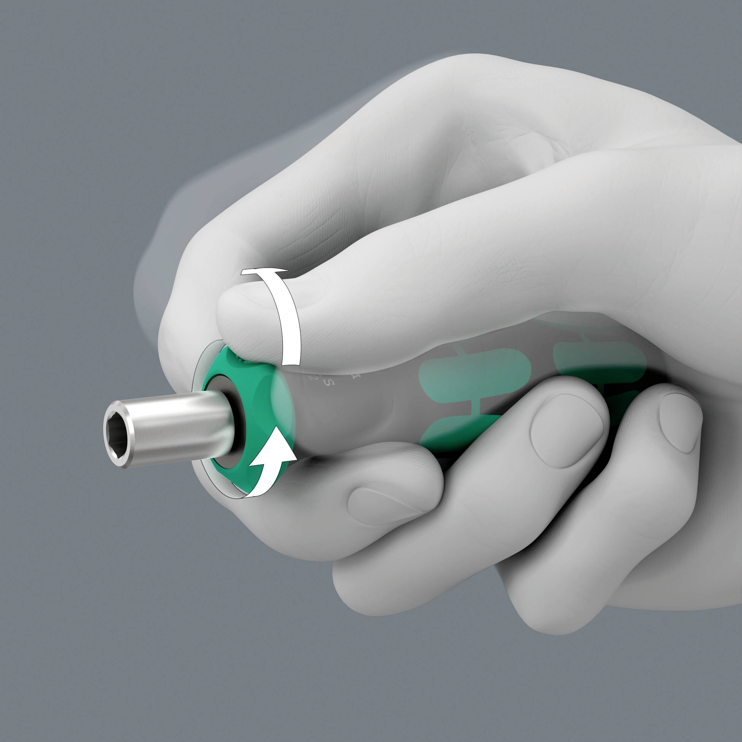 Eine Hand hält ein Medizinprodukt und dreht den grünen Ring am Ende des Geräts. Der Pfeil zeigt die Drehrichtung an.