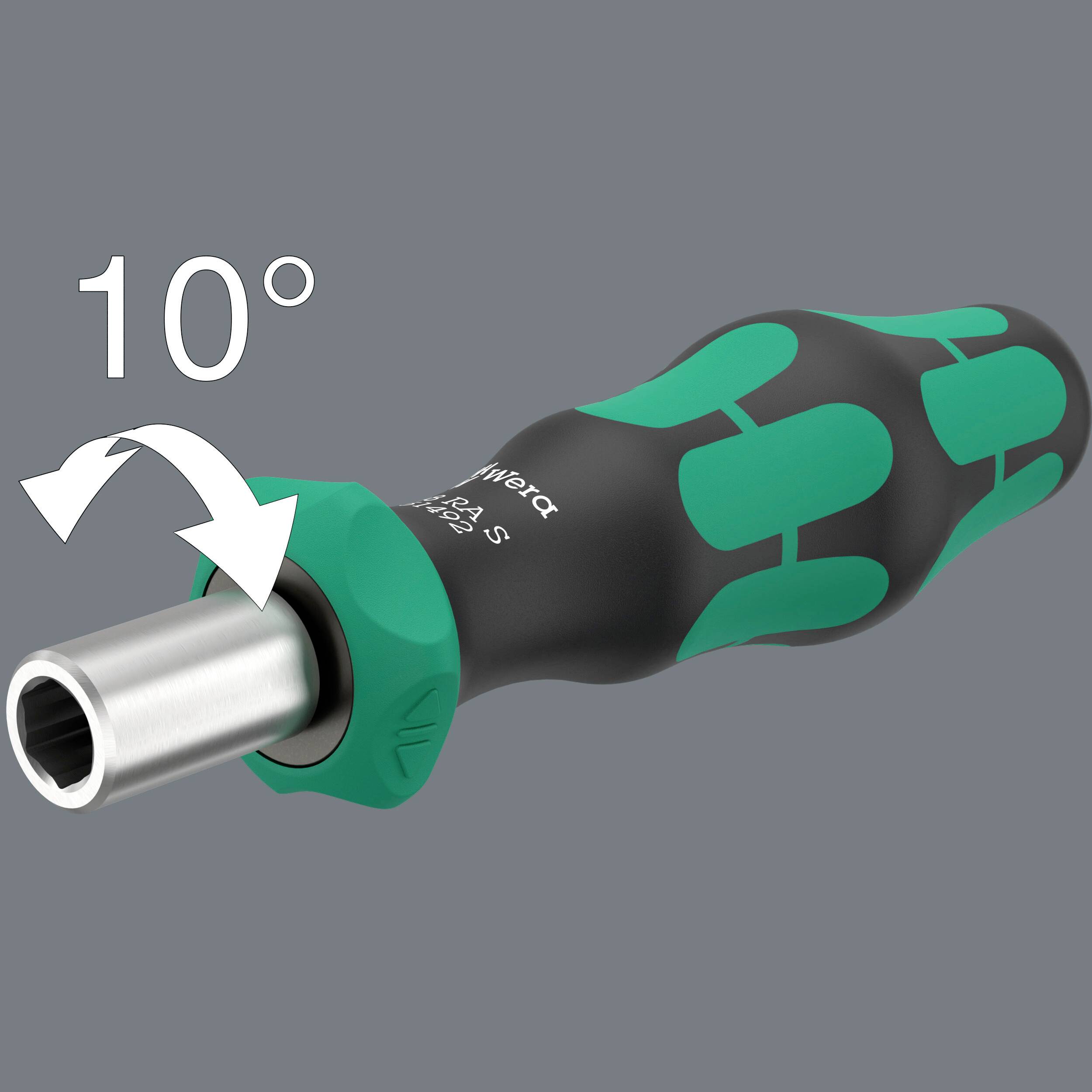 Ein Schraubendreher mit ergonomischem Griff zeigt eine 10°-Kippbewegung zur besseren Anwendung.