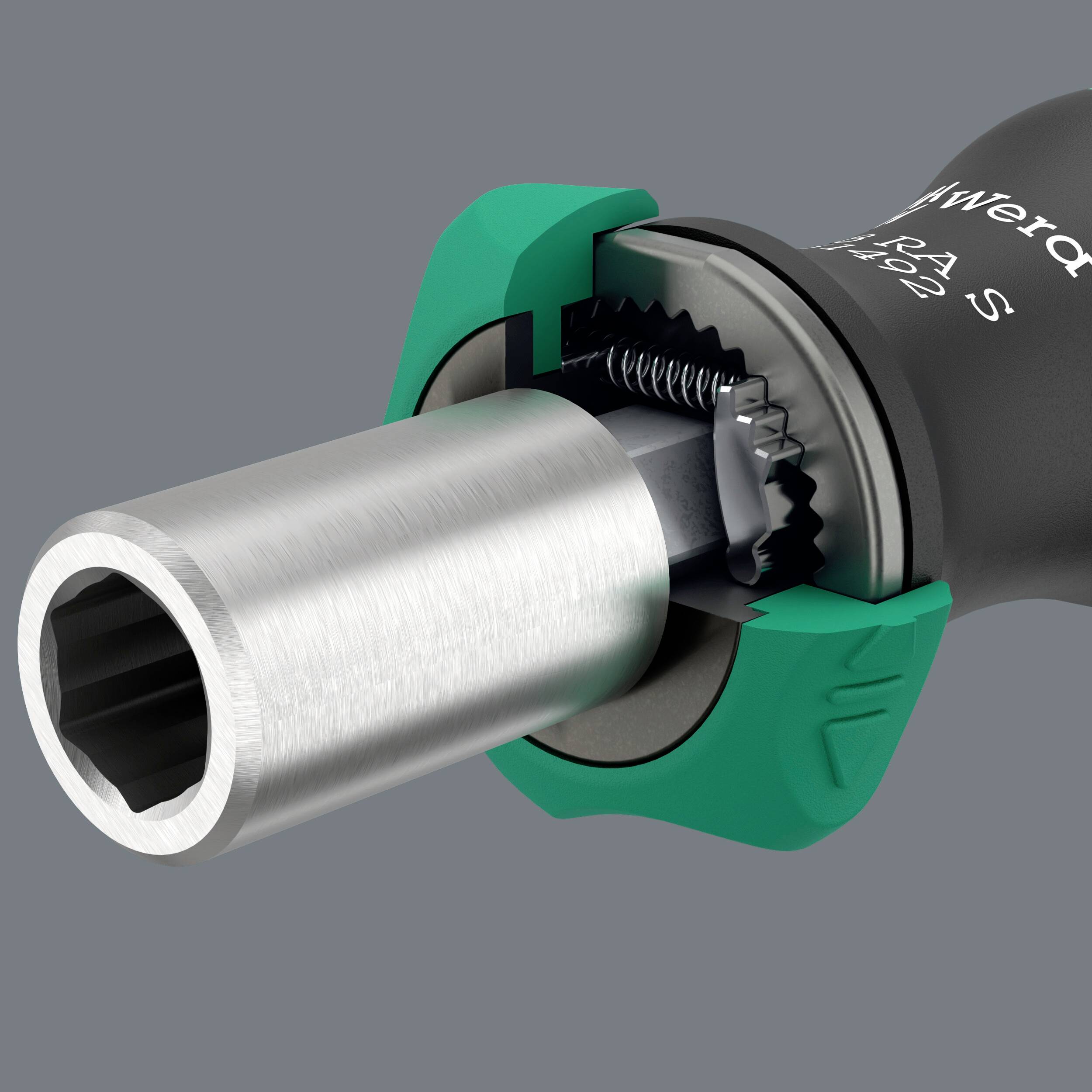 Steckschlüsseleinsatz mit grünem Details; zeigt eine Verzahnung im Inneren für Schraubverbindungen.