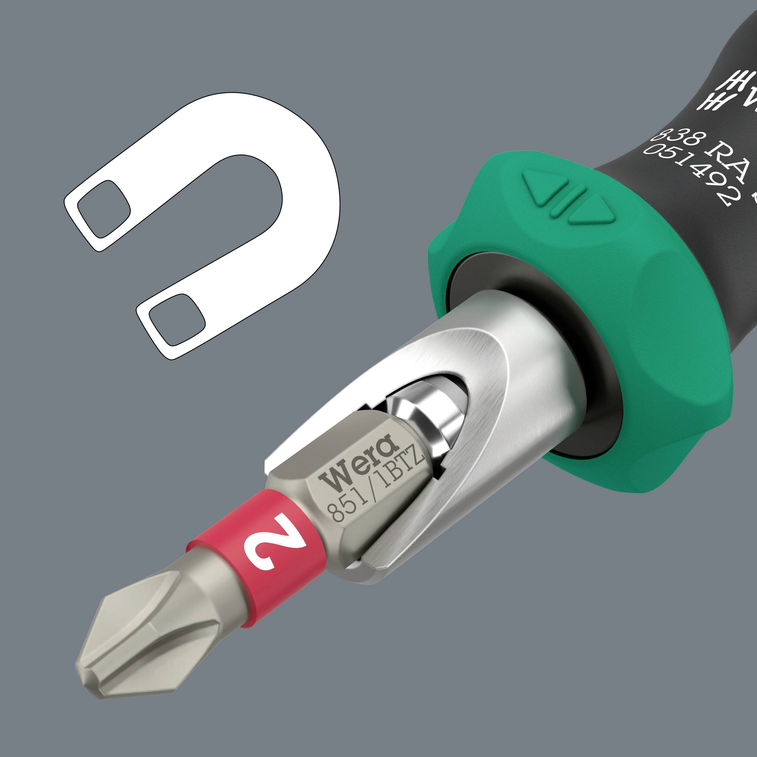 Magnetischer Schraubendreher mit grünem Griff, zeigt Bit mit '2' und Wera-Logo. Links schwebt ein Magnet-Symbol auf grauem Hintergrund.