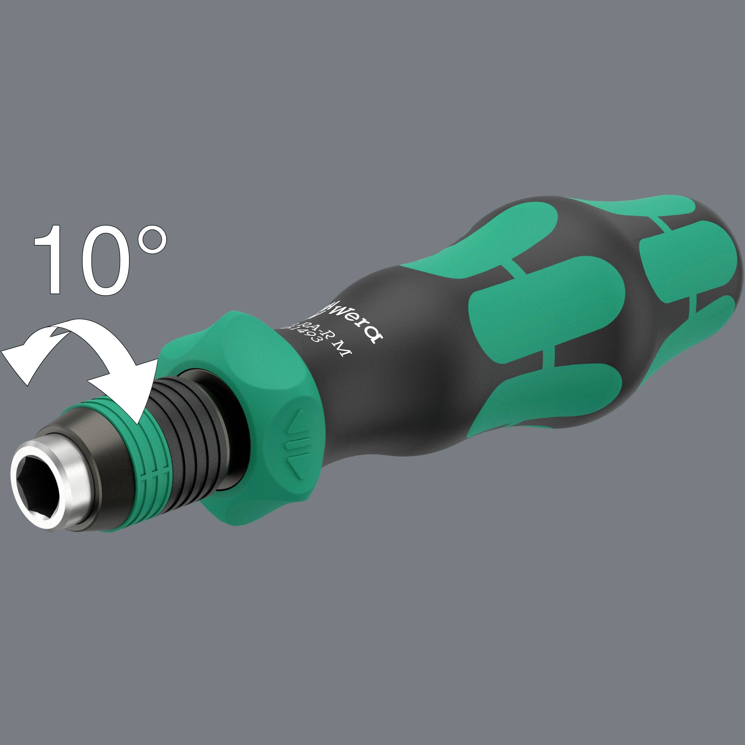 Schraubendreher mit ergonomischem Griff. Der Kopf ist um 10° schwenkbar, was flexibles Arbeiten erleichtert.