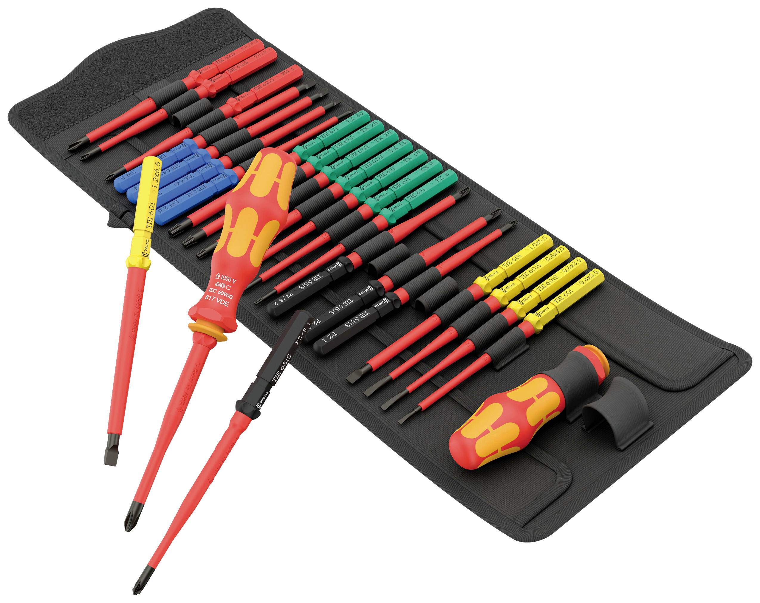 Ein Set von isolierten Schraubendrehern in verschiedenen Farben und Größen, ausgelegt auf einem schwarzen Etui.
