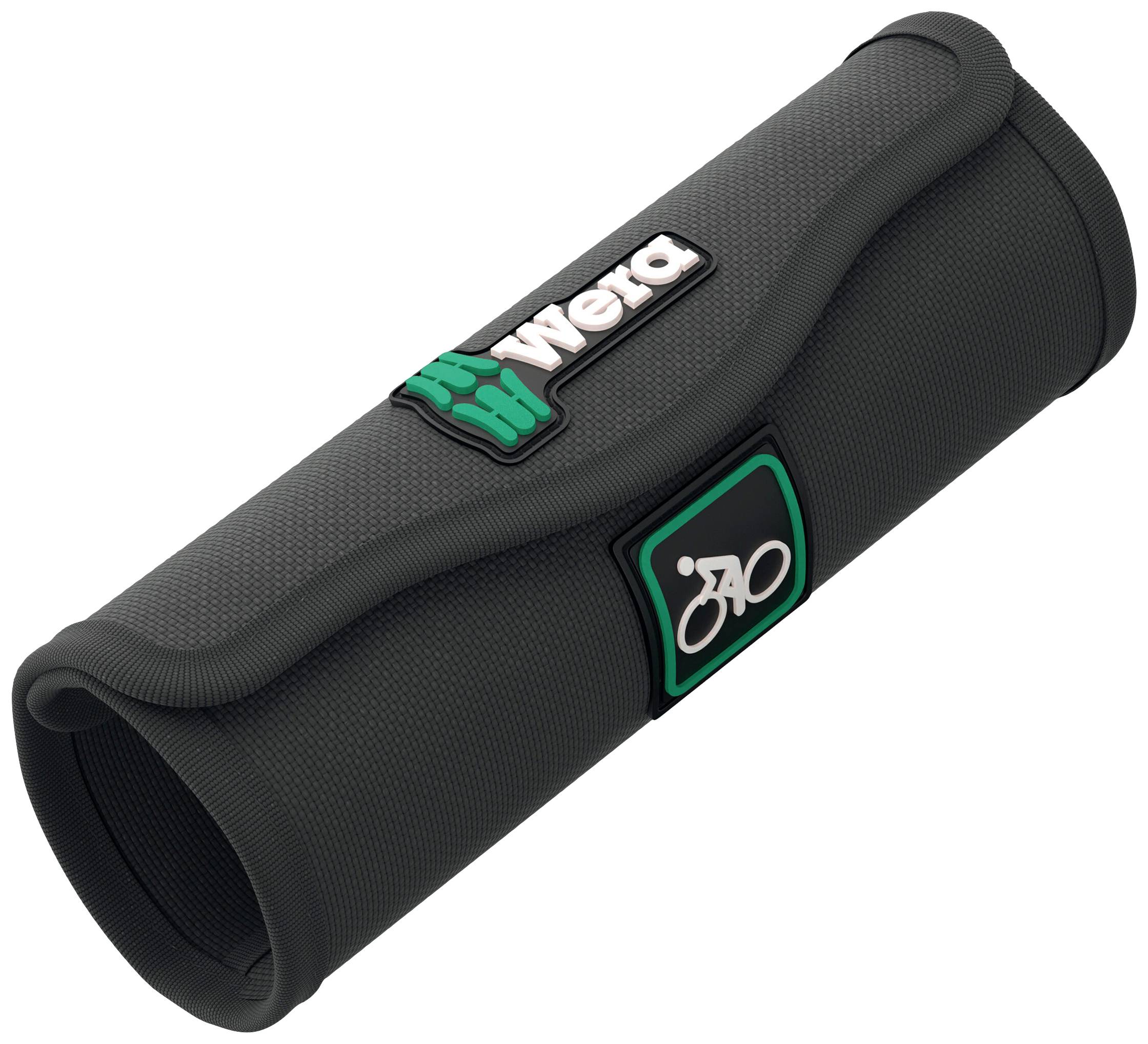 Schwarze Werkzeugtasche mit Wera-Logo und Fahrradsymbol, ideal für die Aufbewahrung von Reparaturwerkzeugen unterwegs.