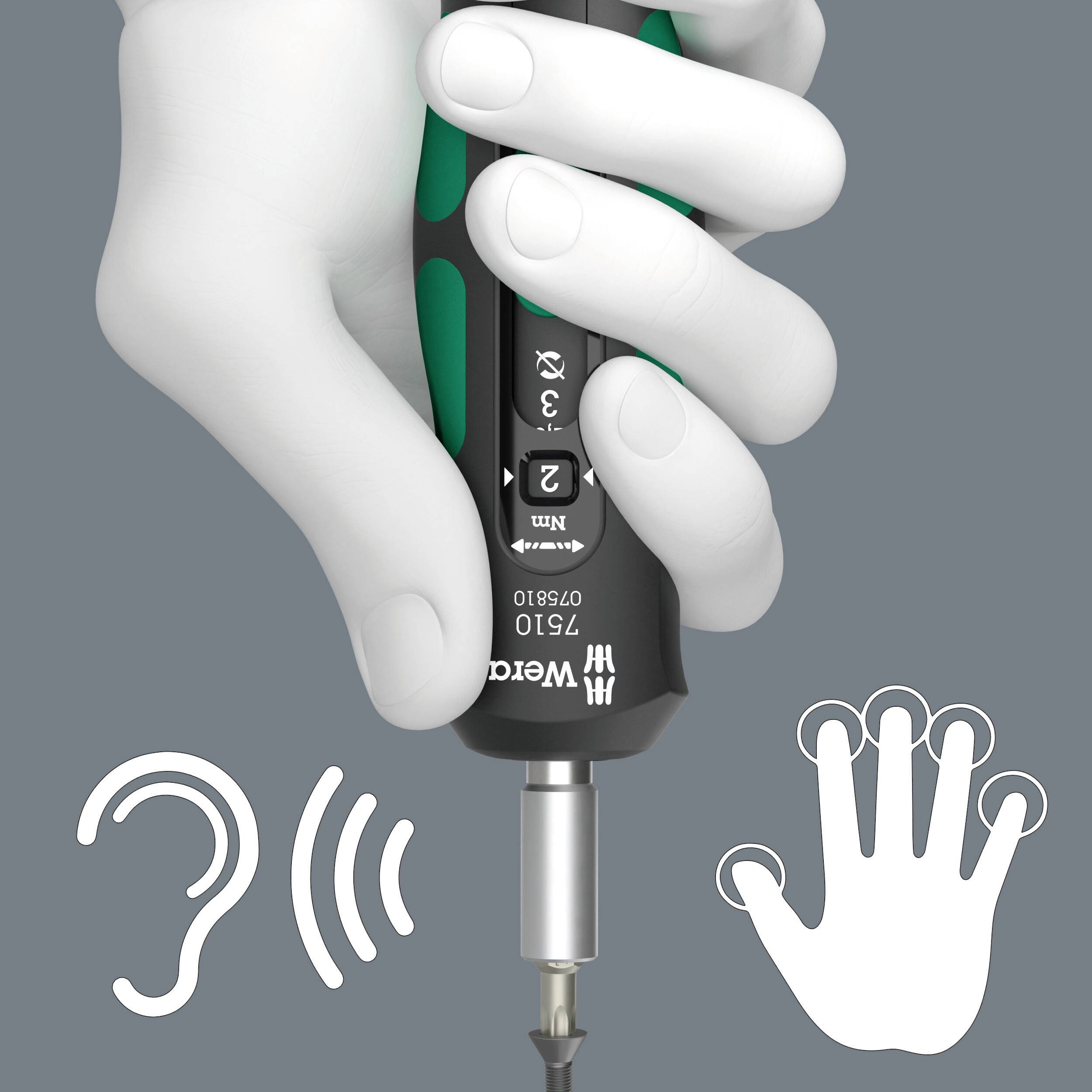 Die Abbildung zeigt eine Hand, die einen Schraubendreher hält. Symbole für Hören und Tasten sind daneben abgebildet.