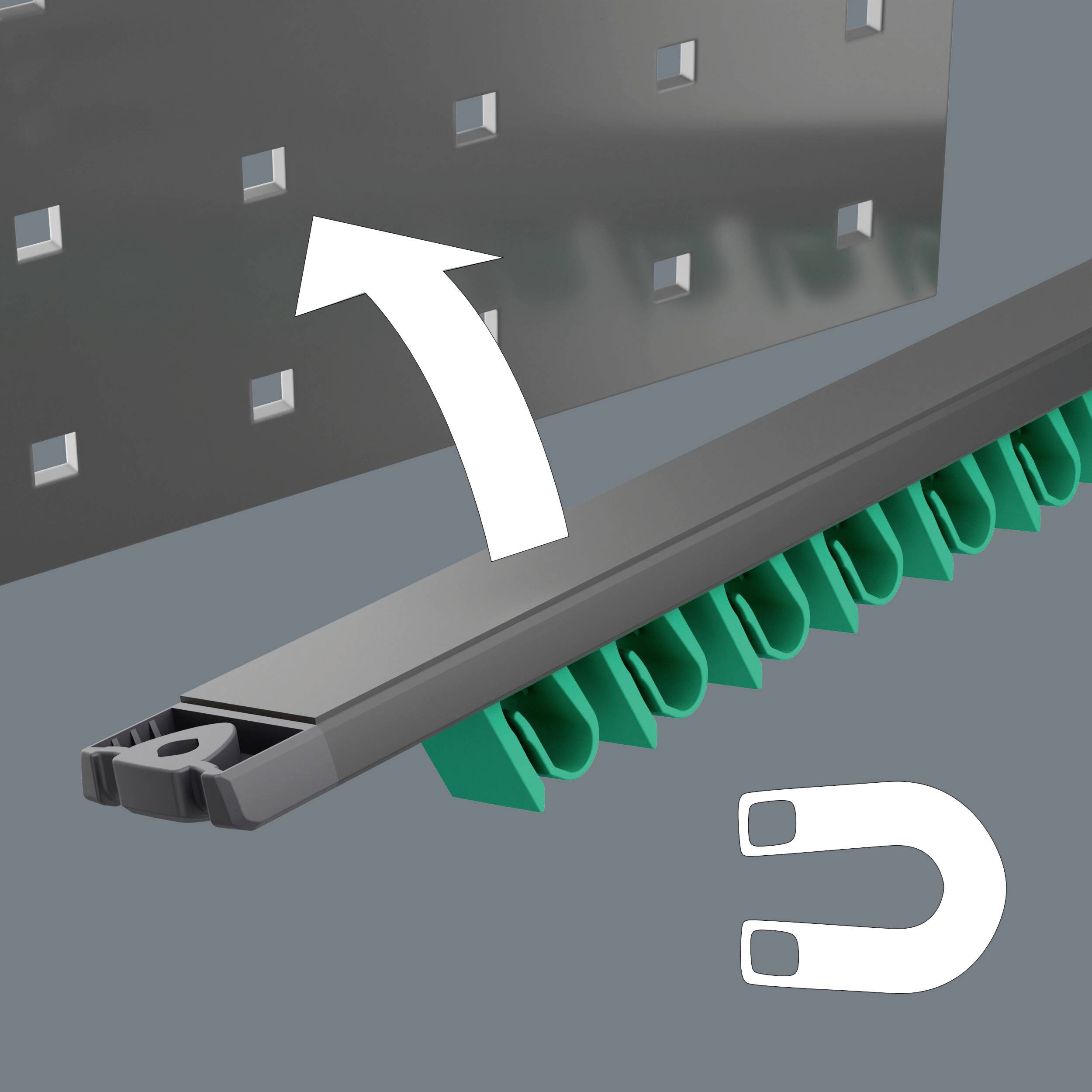 Magnetischer Halter zeigt, wie er an einer Lochwand befestigt wird. Ein Pfeil weist auf die Einrastposition hin.