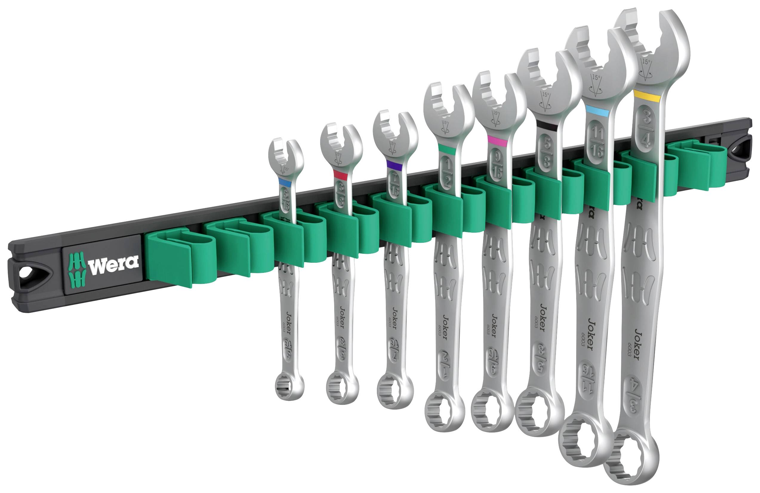 Ein Satz von acht Ringmaulschlüsseln in verschiedenen Größen an einer schwarzen Halterung mit grünen Clips.