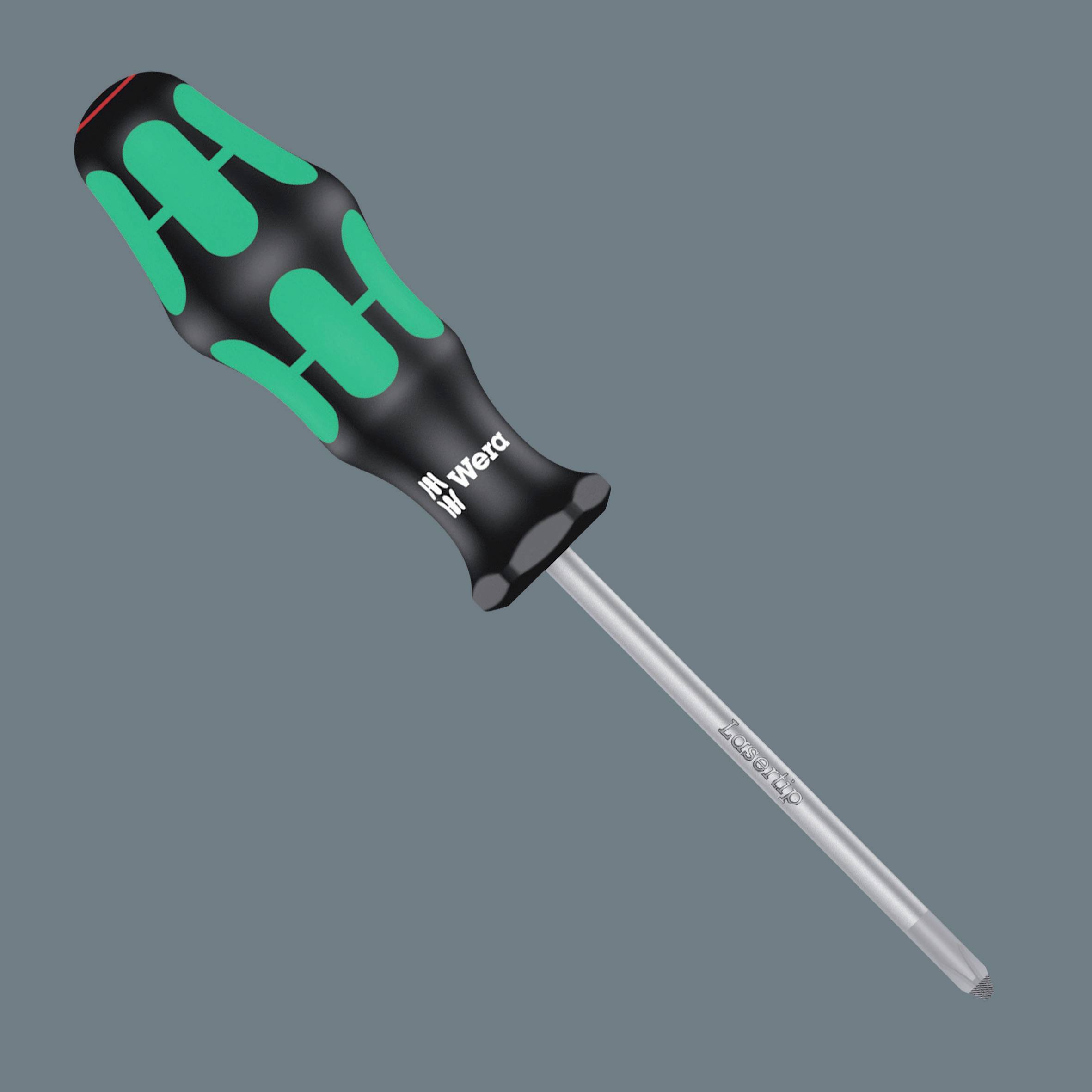 Ein Schraubendreher mit grün-schwarzem ergonomischem Griff und metallischer Spitze.
