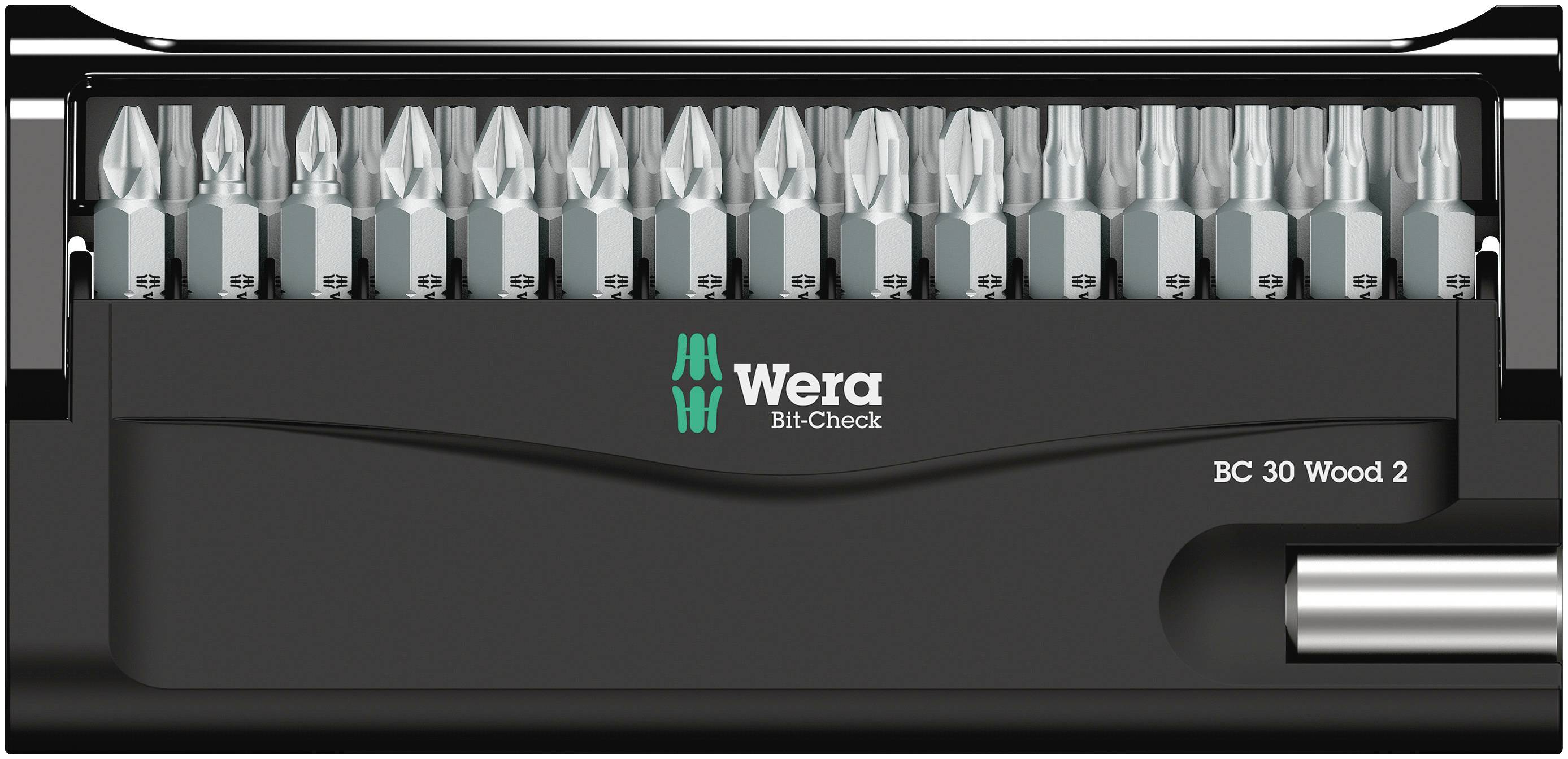 Schwarze Bit-Box von Wera mit der Aufschrift 'BC 30 Wood 2', gefüllt mit verschiedenen Schraubendreher-Bits in zwei Reihen.