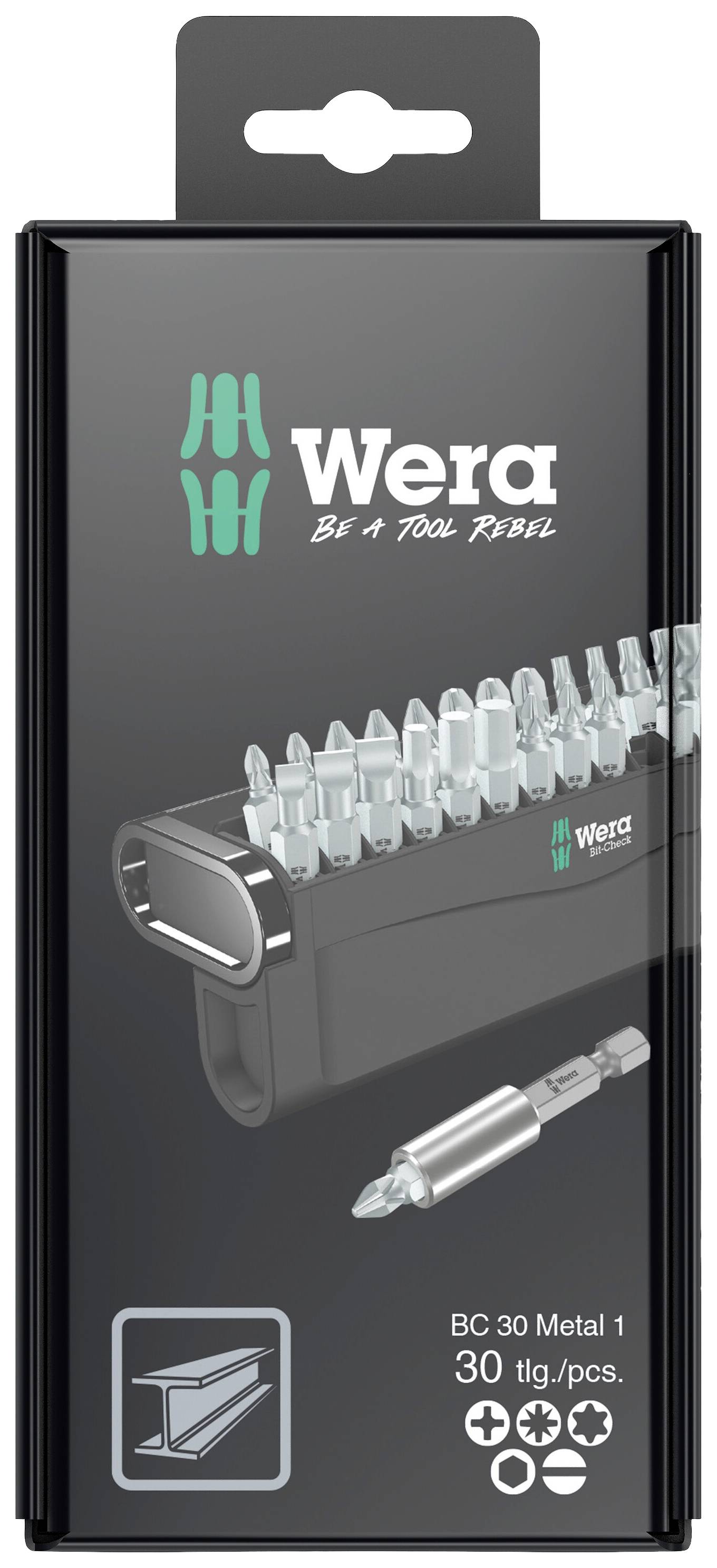 'Wera BC 30 Metal 1' Bit-Set, 30-teilig. Verpackung zeigt Bits und Aufsatz. Slogan: 'Be a Tool Rebel'.
