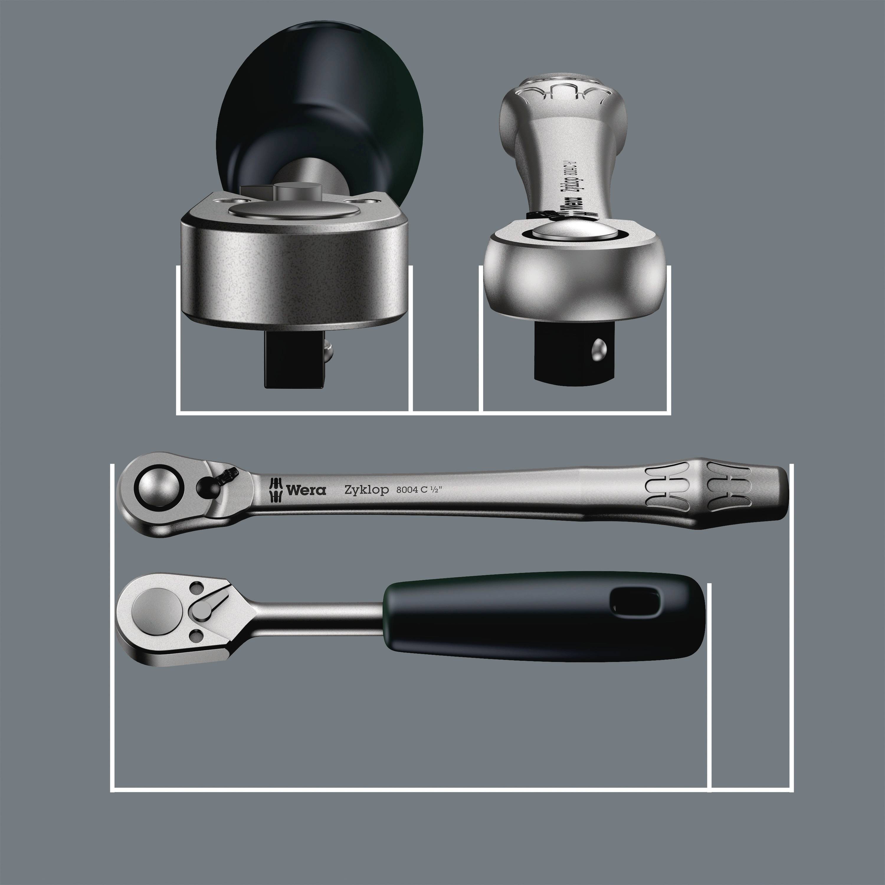 'Wera Zyklop 8004 C' Knarrenset mit verschiedenen Köpfen und Griffen, ideal für vielseitige Schraubanwendungen.