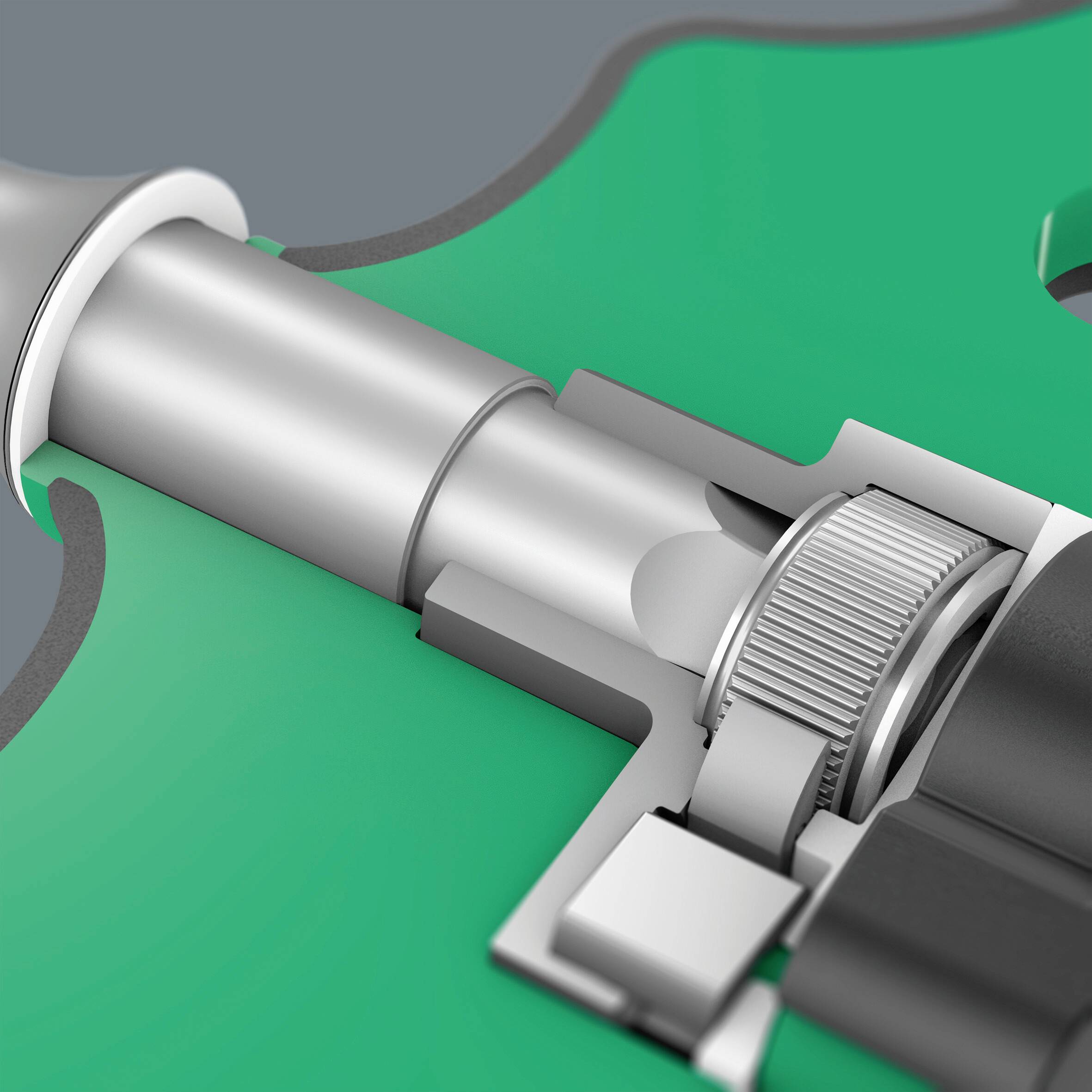 Querschnitt einer mechanischen Vorrichtung mit Zahnrädern, die ineinandergreifen. Ingenieurtechnische Details sichtbar.