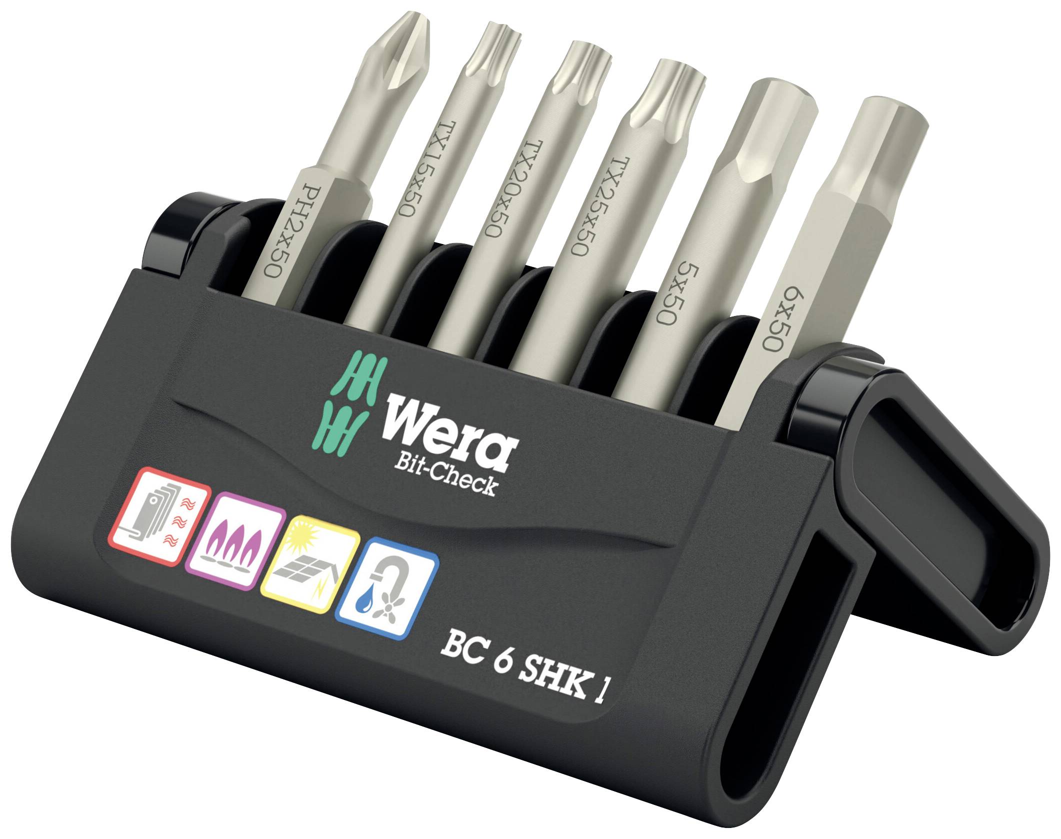 Bitsatz von Wera mit sechs verschiedenen Bits, verpackt in einem schwarzen Halter mit Logos für verschiedene Schraubenkopfarten.