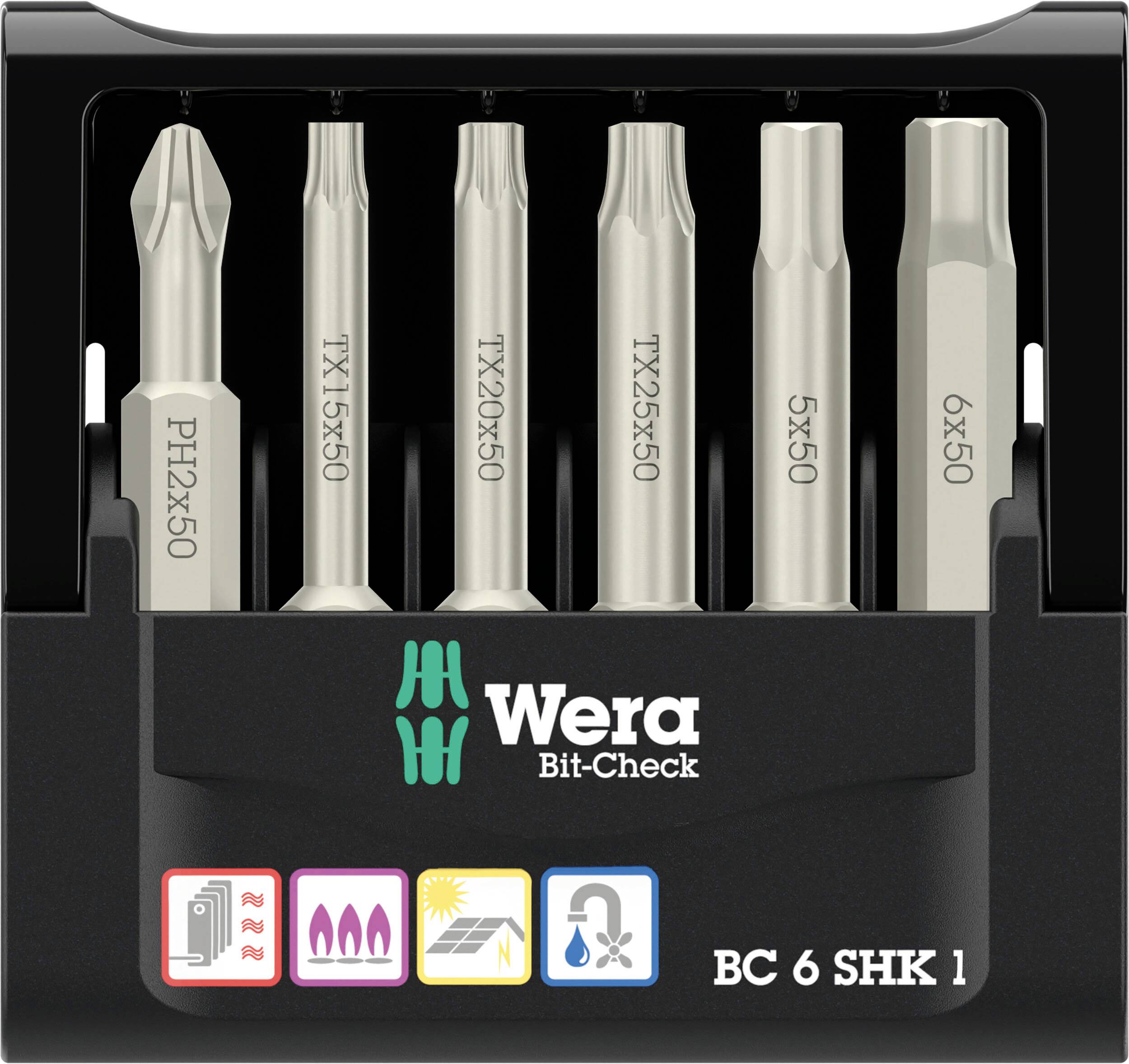 Ein Set von sechs Bits in einer schwarzen Halterung. Enthält PH2x50, TX15x50, TX20x50, TX25x50, 5x50, 6x50. Marke 'Wera'. Piktogramme unten für Anwendungshinweise.