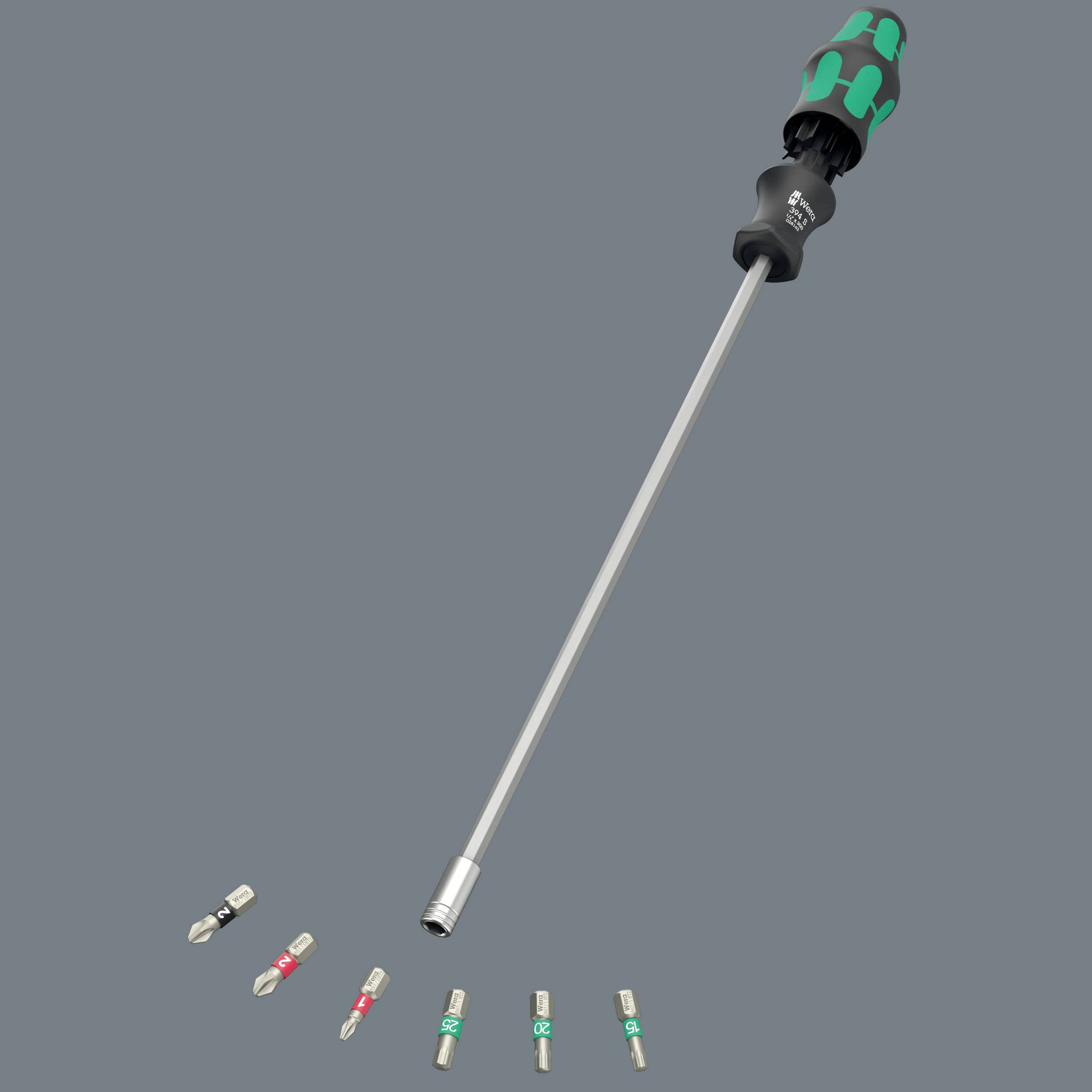 Schraubendreher mit langem Schaft und ergonomischem Griff, umgeben von sieben Wechselbits auf einem grauen Hintergrund.