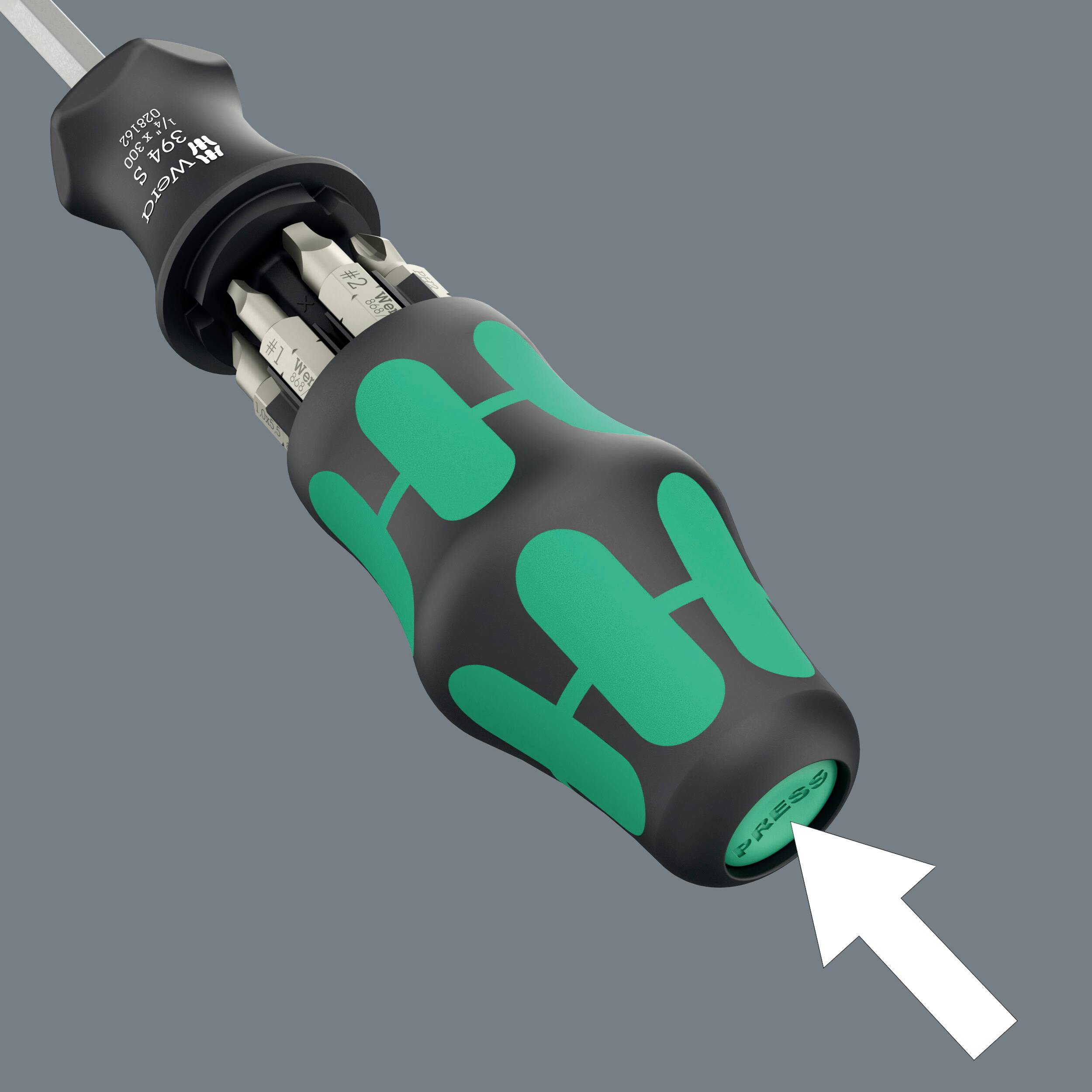 Mehrkomponentiger Schraubendrehergriff mit grün-schwarzem Design, zeigt ergonomische Form und Marke. Enthält wechselbare Bits.