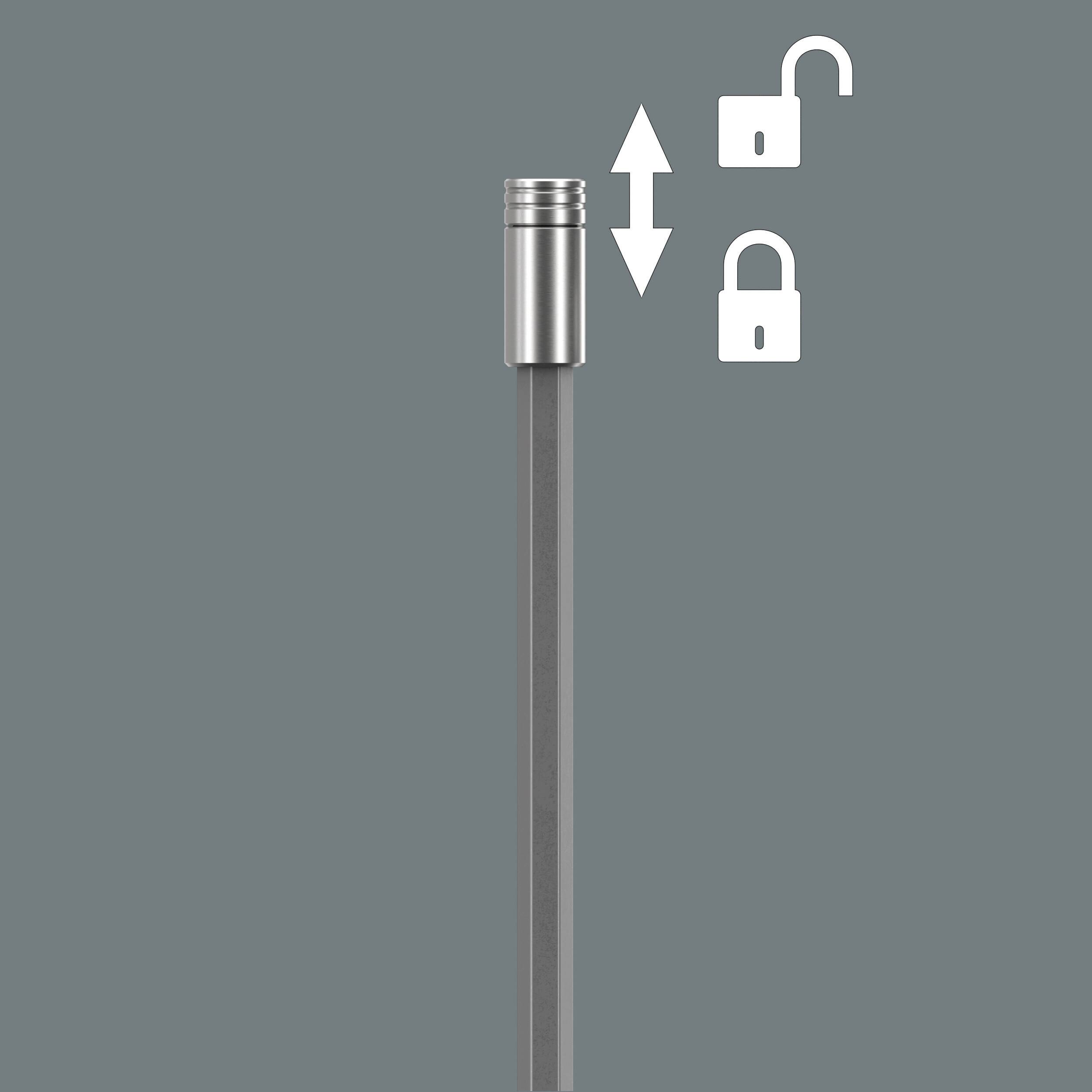 Ein langer, grauer Stab mit einem silbernen Kopf zeigt zwei weiße Icons: ein geschlossenes und ein offenes Schloss, die Verriegelung symbolisieren.