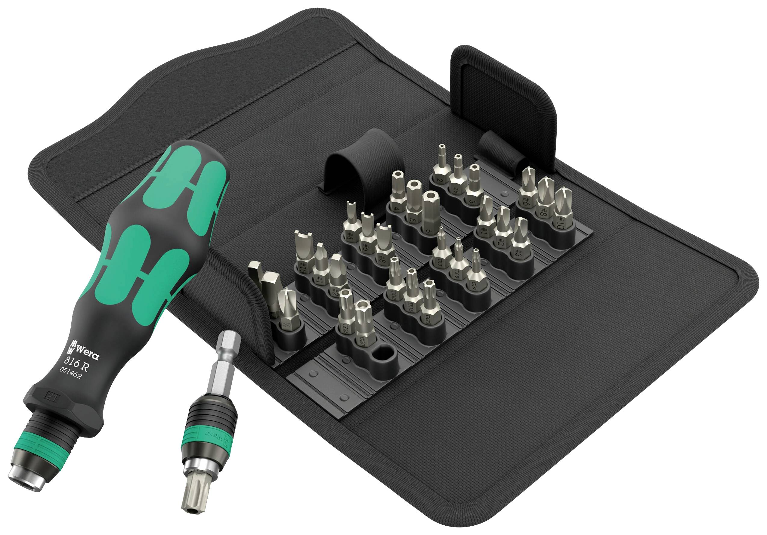 Ein Schraubendreher-Set mit verschieden geformten Aufsätzen in einer schwarzen Werkzeugtasche, das einen ergonomischen Griff zeigt.