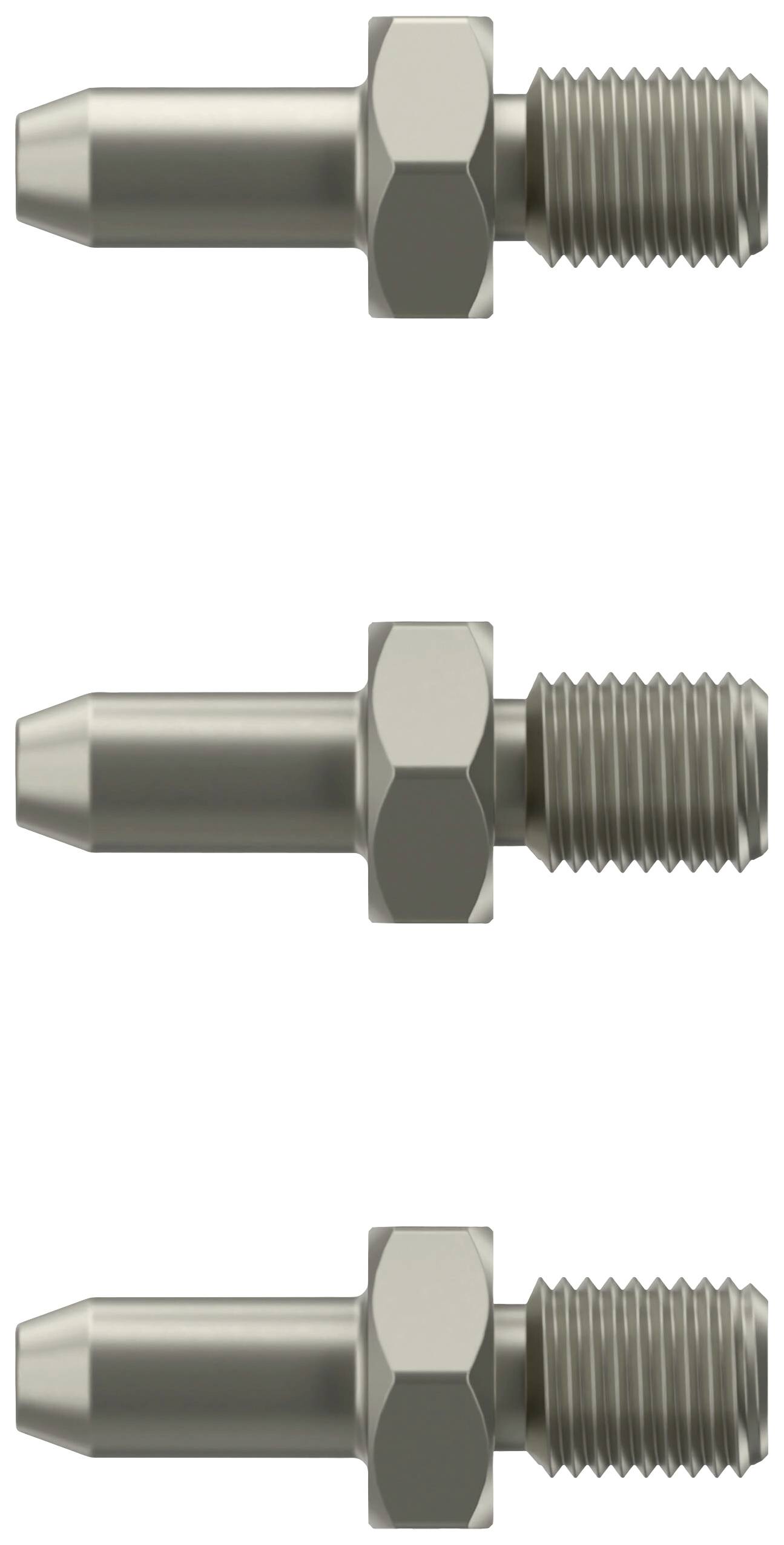 Drei silberfarbene Metallbolzen mit Schraubgewinde, nebeneinander dargestellt.