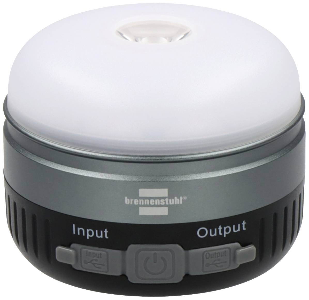 Batteriebetriebene LED-Lampe in zylindrischer Form mit Schalter und Anschlüssen für Input und Output, Markenname auf der Vorderseite.