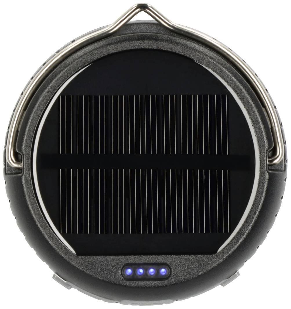 Ein tragbares Solarladegerät mit rundem Design, Solarpanel in der Mitte und vier blauen LED-Anzeigen unten.