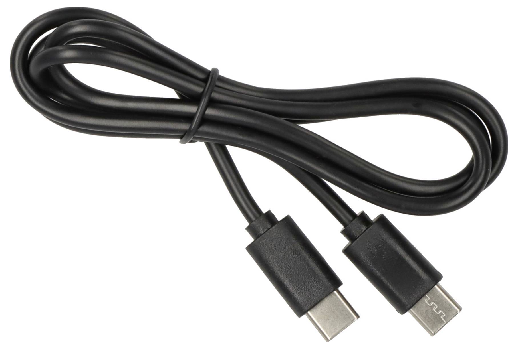 Schwarzes USB-C-Ladekabel mit zwei Anschlüssen auf weißem Hintergrund.
