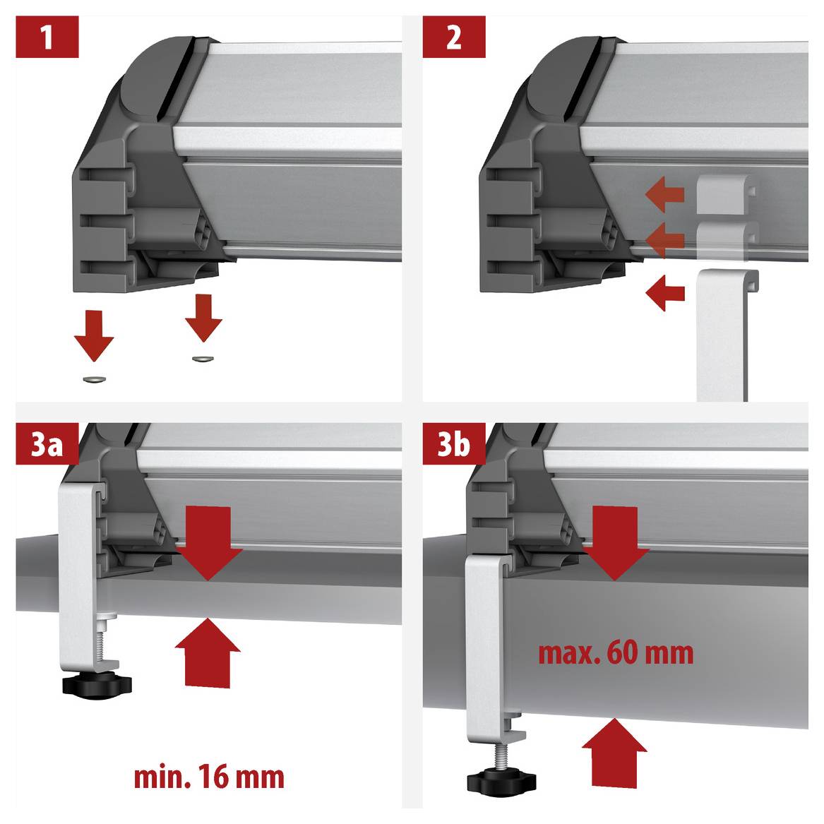 Vier-Schritte-Installationsdiagramm für eine Schelle auf einem Aluminiumrahmen: Teile einführen, Halterung einchieben, dann mit einer Seitenstütze sichern; Freiraum markiert min. 16 mm und max. 60 mm.