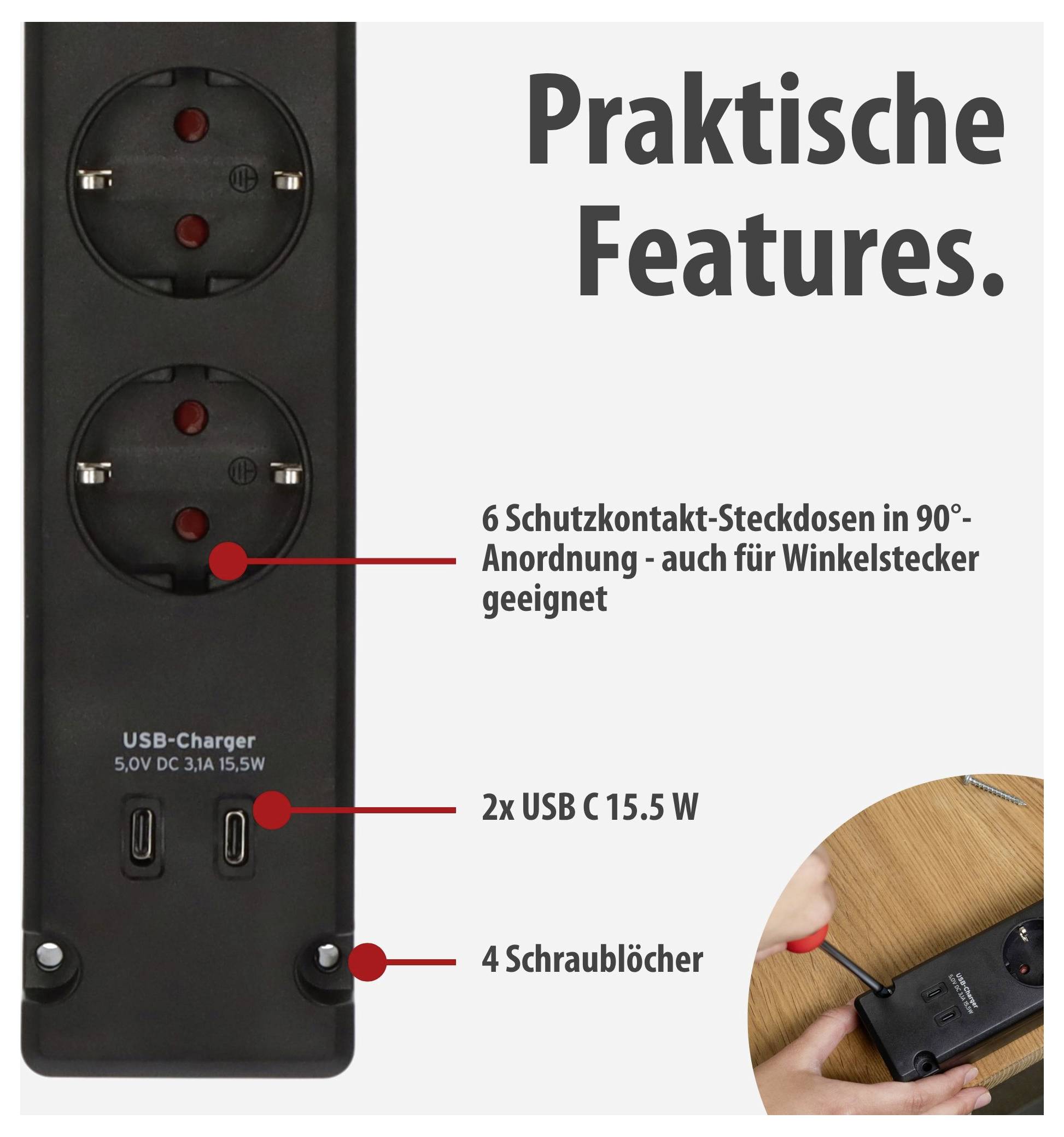 Produktübersicht einer Steckdosenleiste mit Titel 'Praktische Features': 6 Schutzkontakt-Steckdosen in 90°-Anordnung, 2x USB C 15,5 W und 4 Schraublöcher; kleines Einsatzfoto zeigt Montage am Tisch.