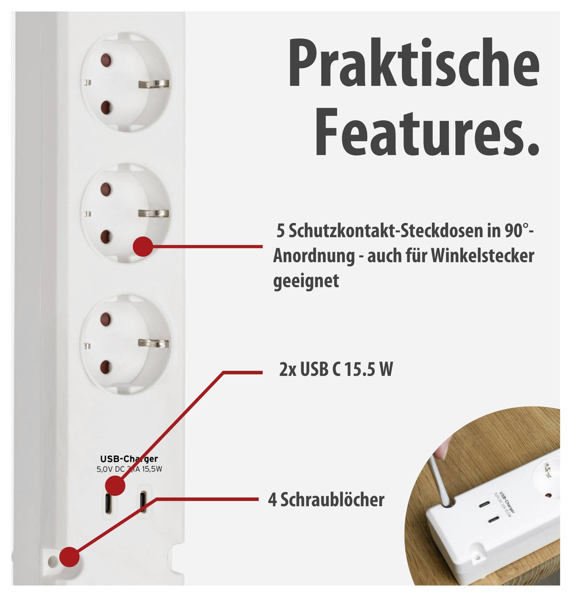 Werbegrafik einer Steckdosenleiste mit drei Schutzkontakt-Steckdosen, 2x USB-C 15,5 W und 4 Schraublöchern; Text: 'Praktische Features.'