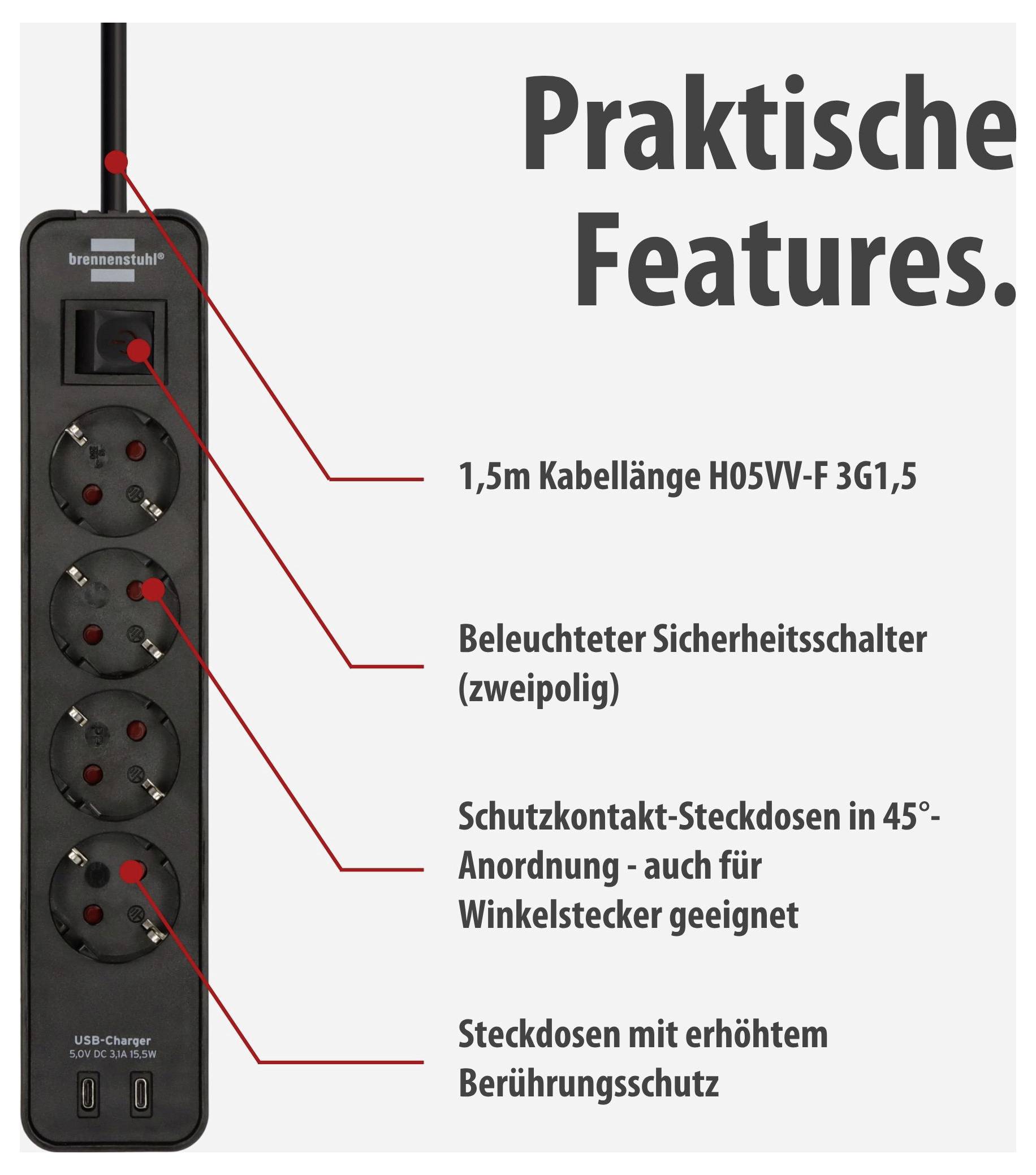 Produktgrafik einer schwarzen 4-fach-Steckdosenleiste mit USB-Ports; hervorgehoben sind 1,5 m Kabel, beleuchteter Sicherheitsschalter, 45°-Steckdosen und erhöhter Berührungsschutz.