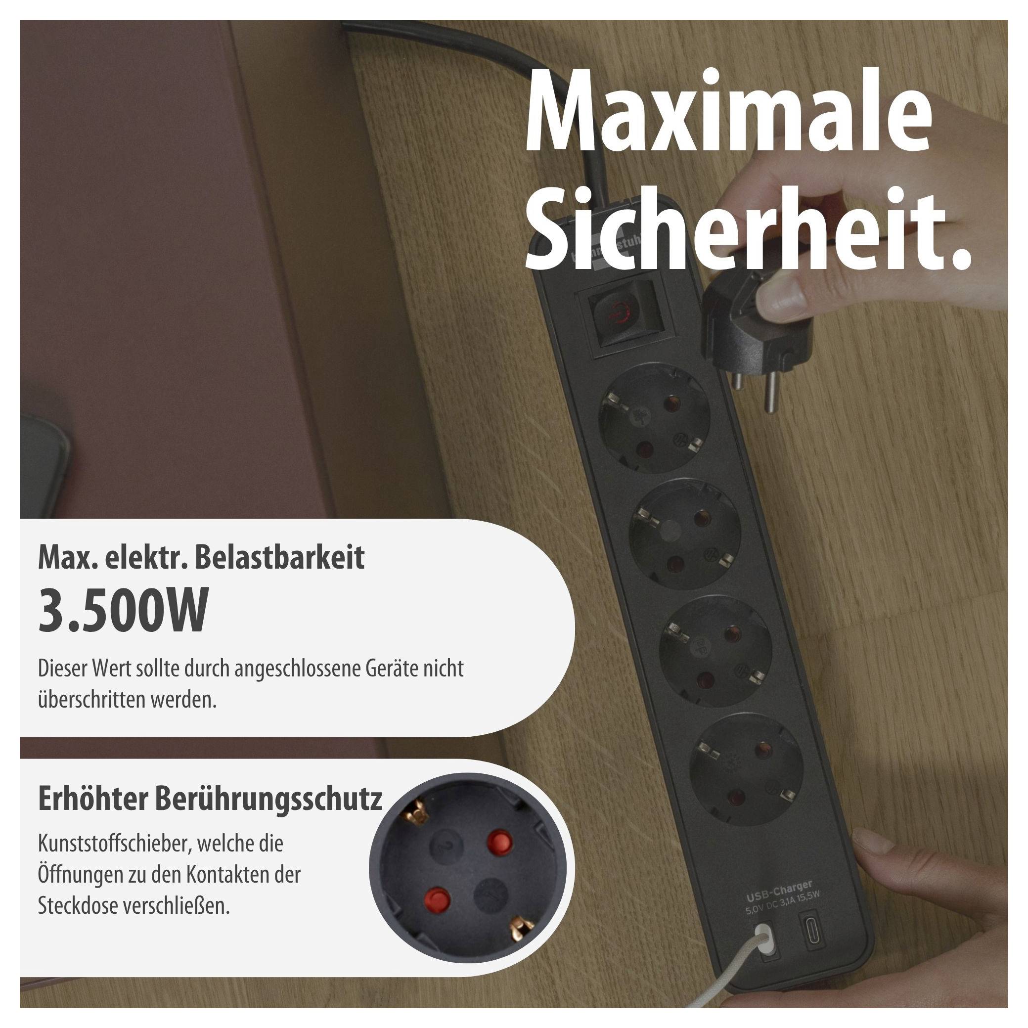 Werbung für Steckdosenleiste mit 'Maximale Sicherheit', 3.500W Belastbarkeit und erhöhtem Berührungsschutz durch Kunststoffschieber.
