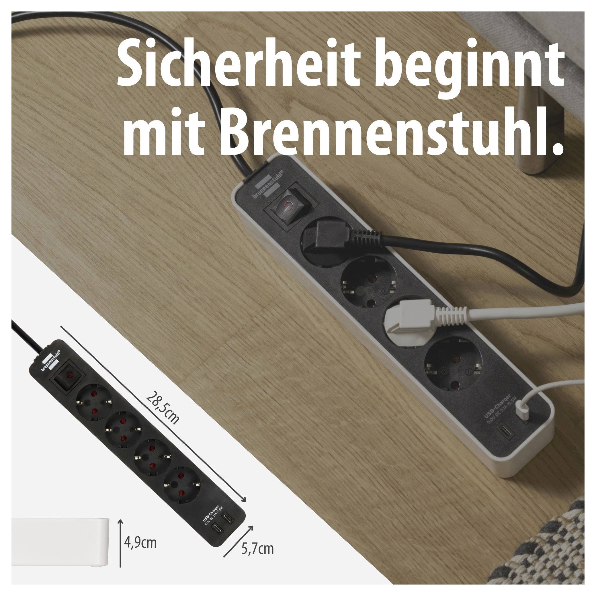 Brennnenstuhl-Steckdosenleiste auf Holztisch mit eingesteckten Kabeln und dem Text 'Sicherheit beginnt mit Brennenstuhl.'; unten Produktmaße 28,5 cm, 5,7 cm, 4,9 cm.
