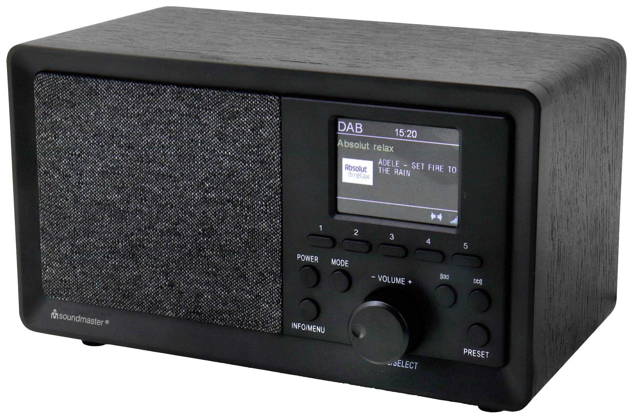 Ein schwarzes digitales Radio mit Display, das den Sender 'Absolute Relax' zeigt. Knöpfe für Lautstärke und Modus sind sichtbar.